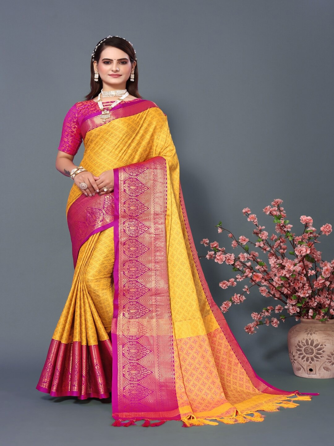 

Paramparik Textile Ethnic Motifs Woven Design Zari Silk Cotton Banarasi Saree, Yellow
