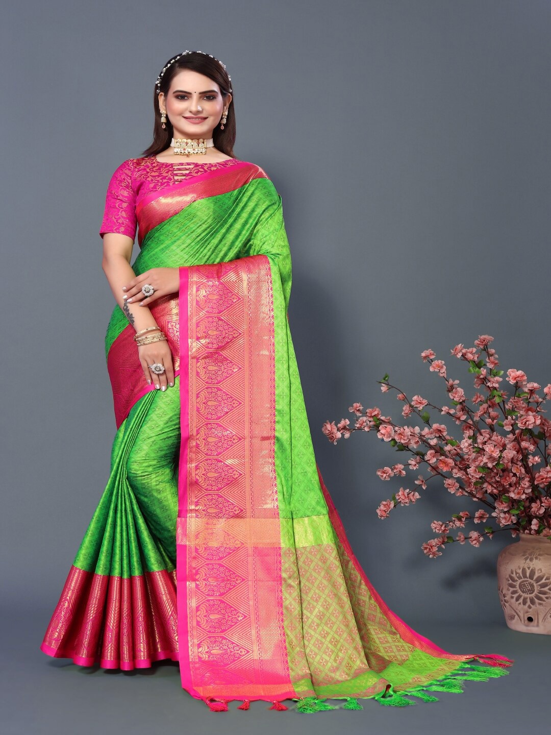 

Paramparik Textile Ethnic Motifs Woven Design Zari Silk Cotton Banarasi Saree, Lime green