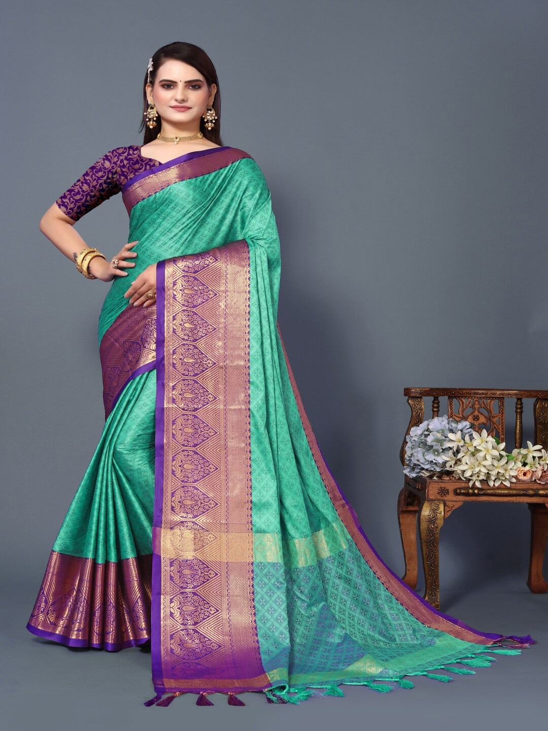 

Paramparik Textile Ethnic Motifs Woven Design Zari Silk Cotton Banarasi Saree, Teal