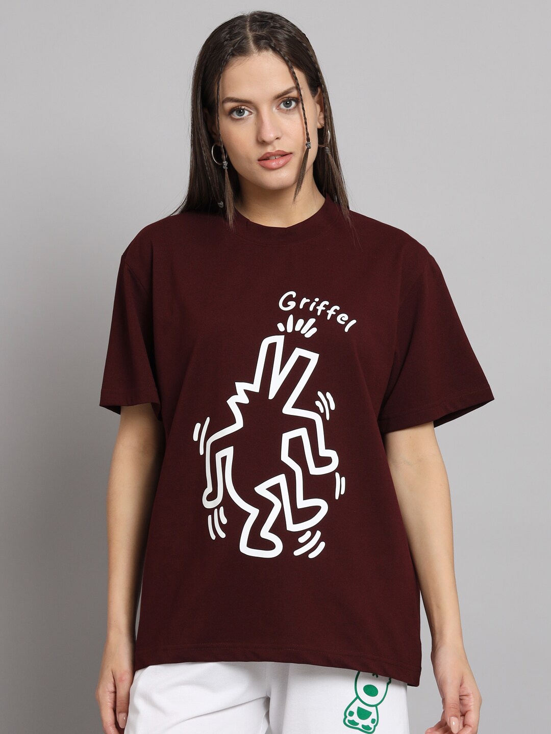 

GRIFFEL Graphic Printed Drop-Shoulder Sleeves Cotton T-shirt, Maroon