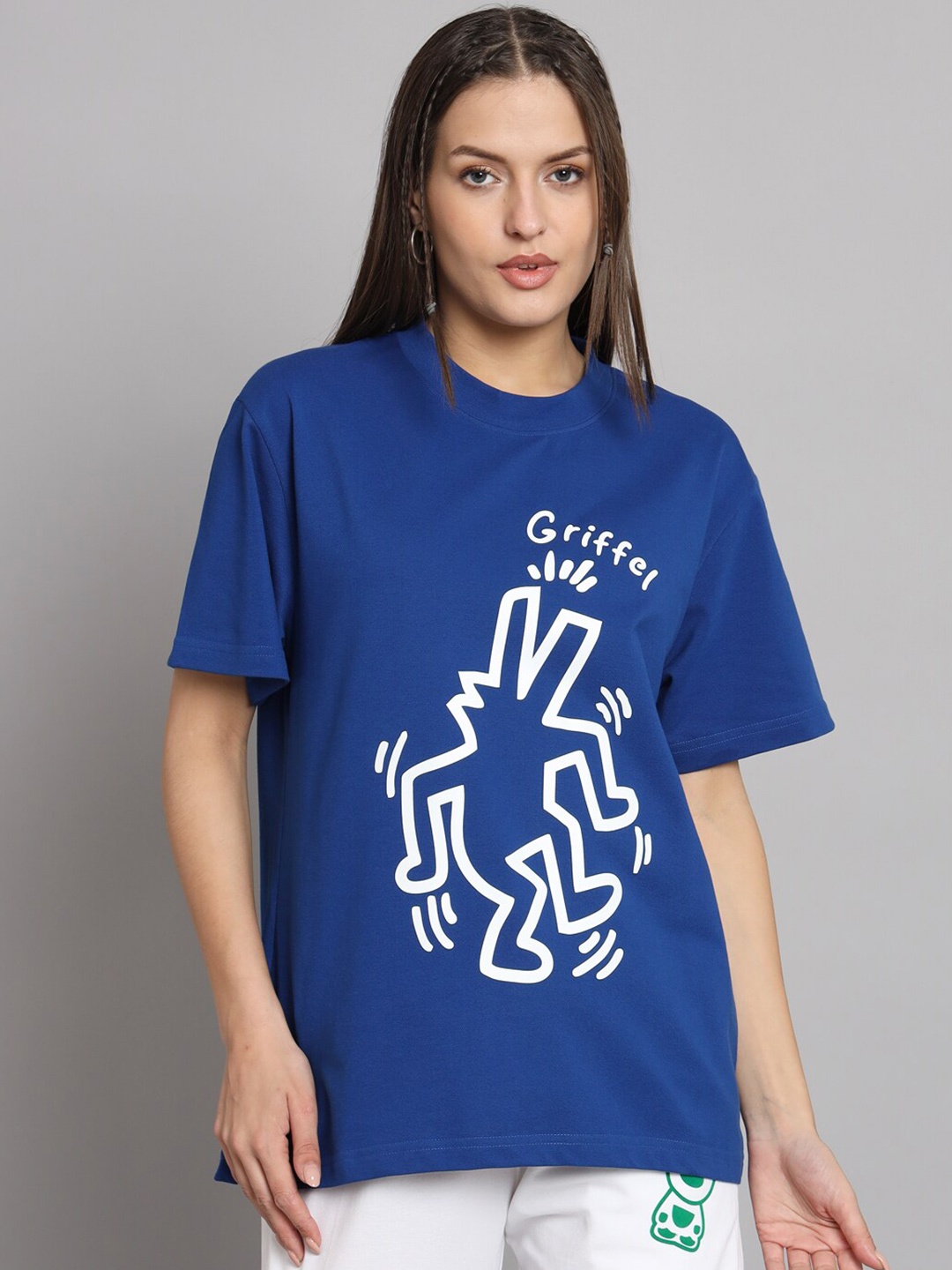 

GRIFFEL Graphic Printed Drop-Shoulder Sleeves Cotton T-shirt, Blue