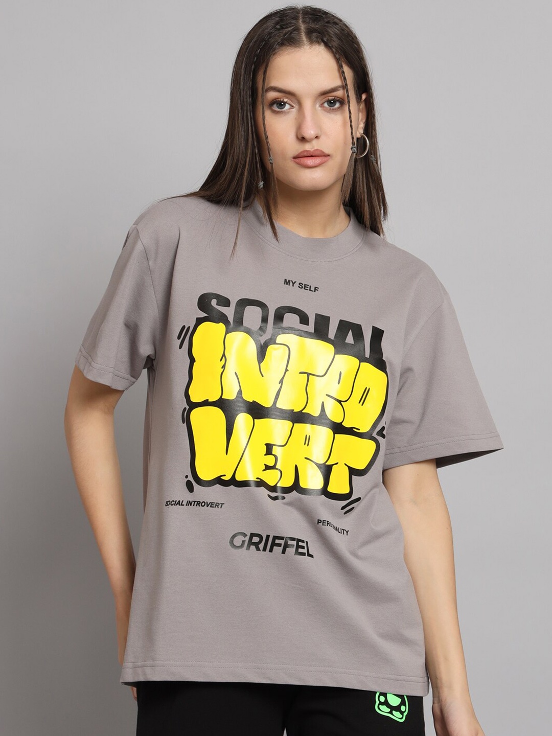 

GRIFFEL Printed Drop-Shoulder Sleeves Oversized Cotton T-shirt, Grey melange