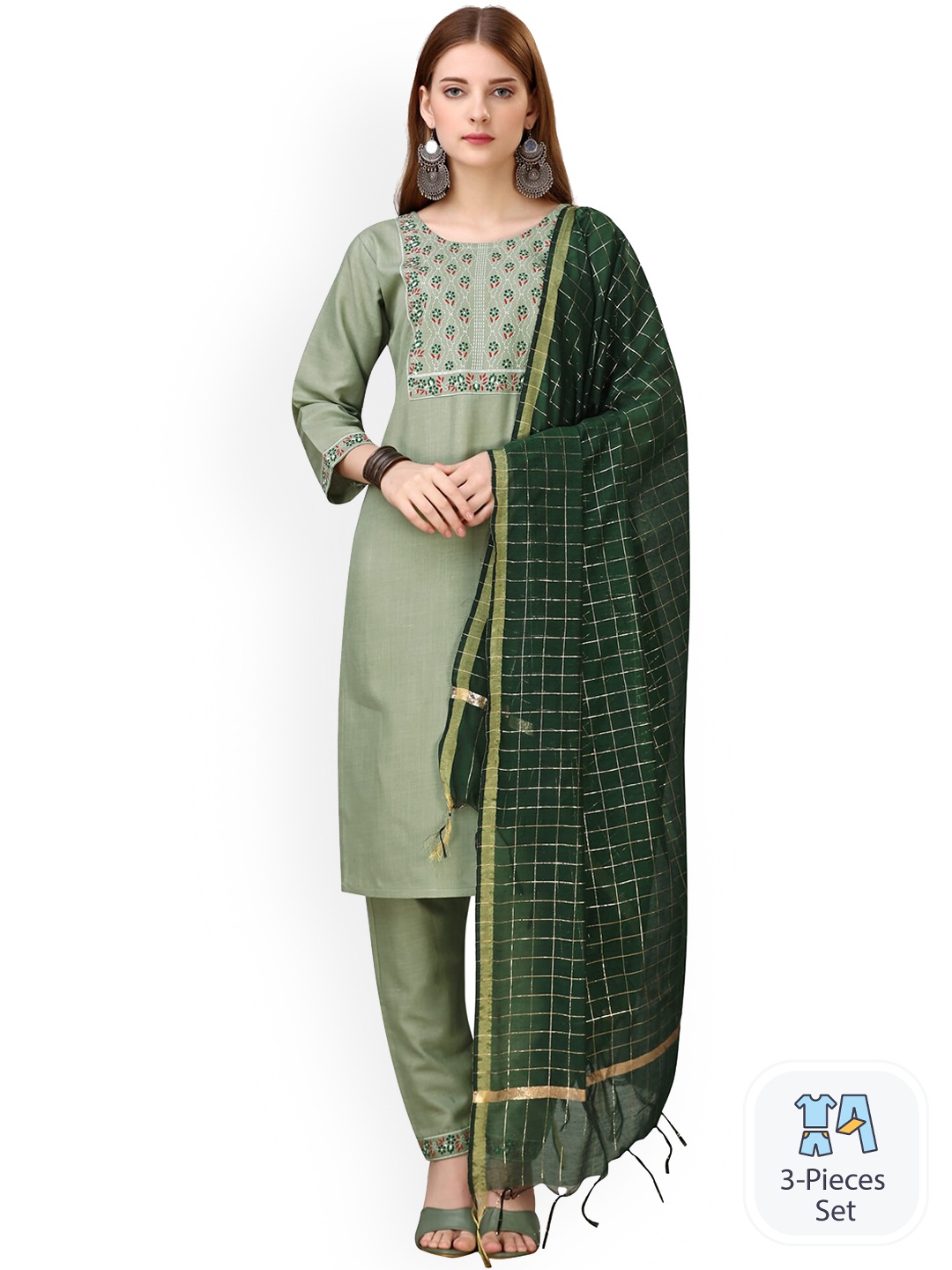 

Mitera Teal Ethnic Motifs Embroidered Kurta & Trousers With Dupatta