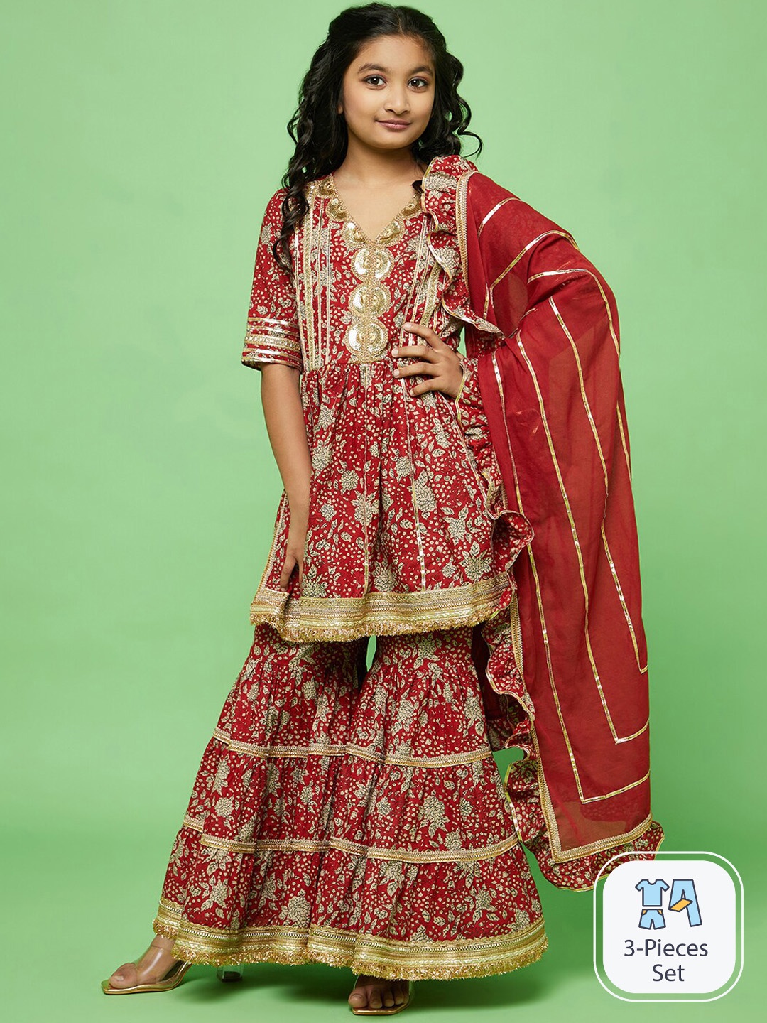 

Aks Kids Girls Floral Printed Pure Cotton Straight Kurta With Sharara & Dupatta, Maroon