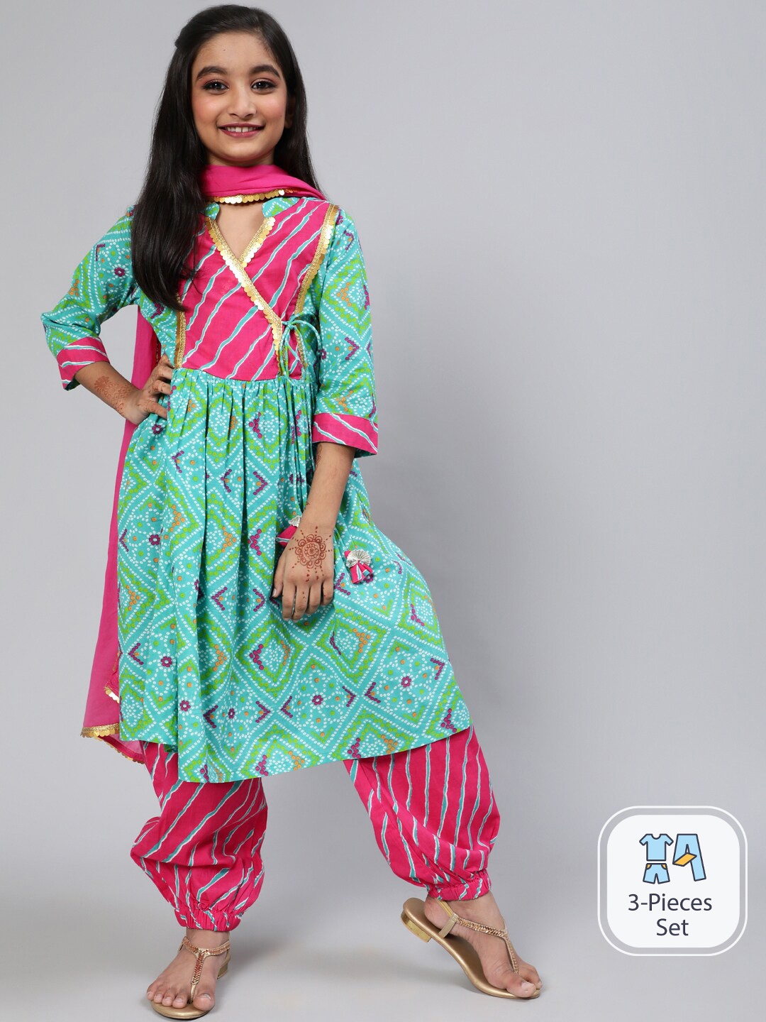 

Aks Kids Girls Bandhani Printed Angrakha Gotta Patti Kurta With Palazzos & Dupatta, Blue