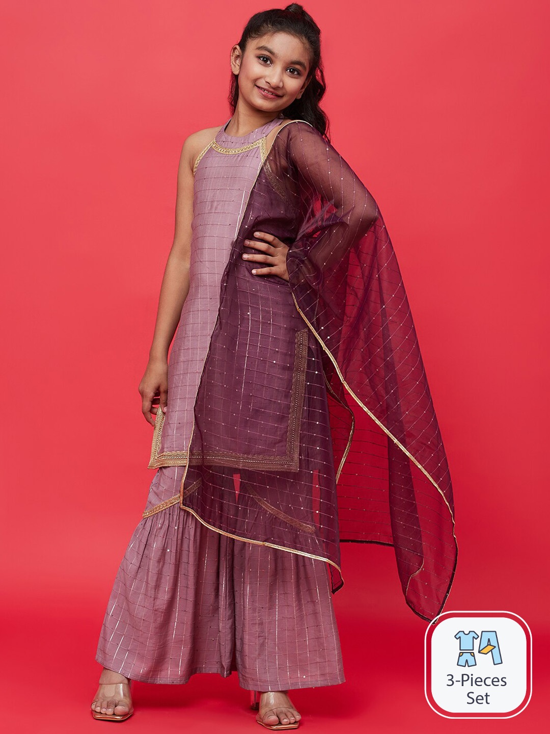 

Aks Kids Girls Checked Embroidered Regular Sequinned Kurta With Sharara & Dupatta, Purple