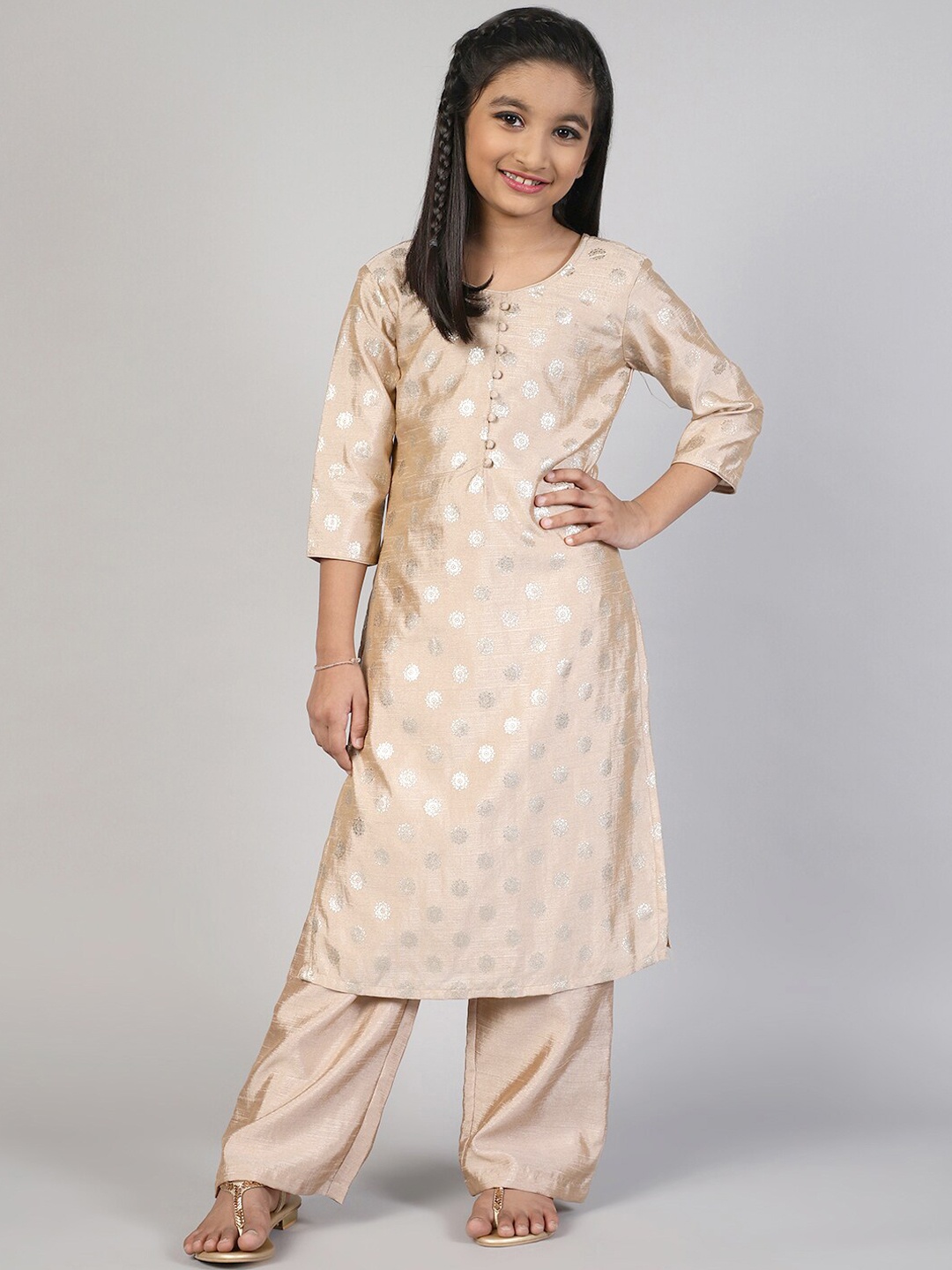

Aks Kids Girls Ethnic Motifs Printed Round Neck Regular Kurta With Palazzos, Beige