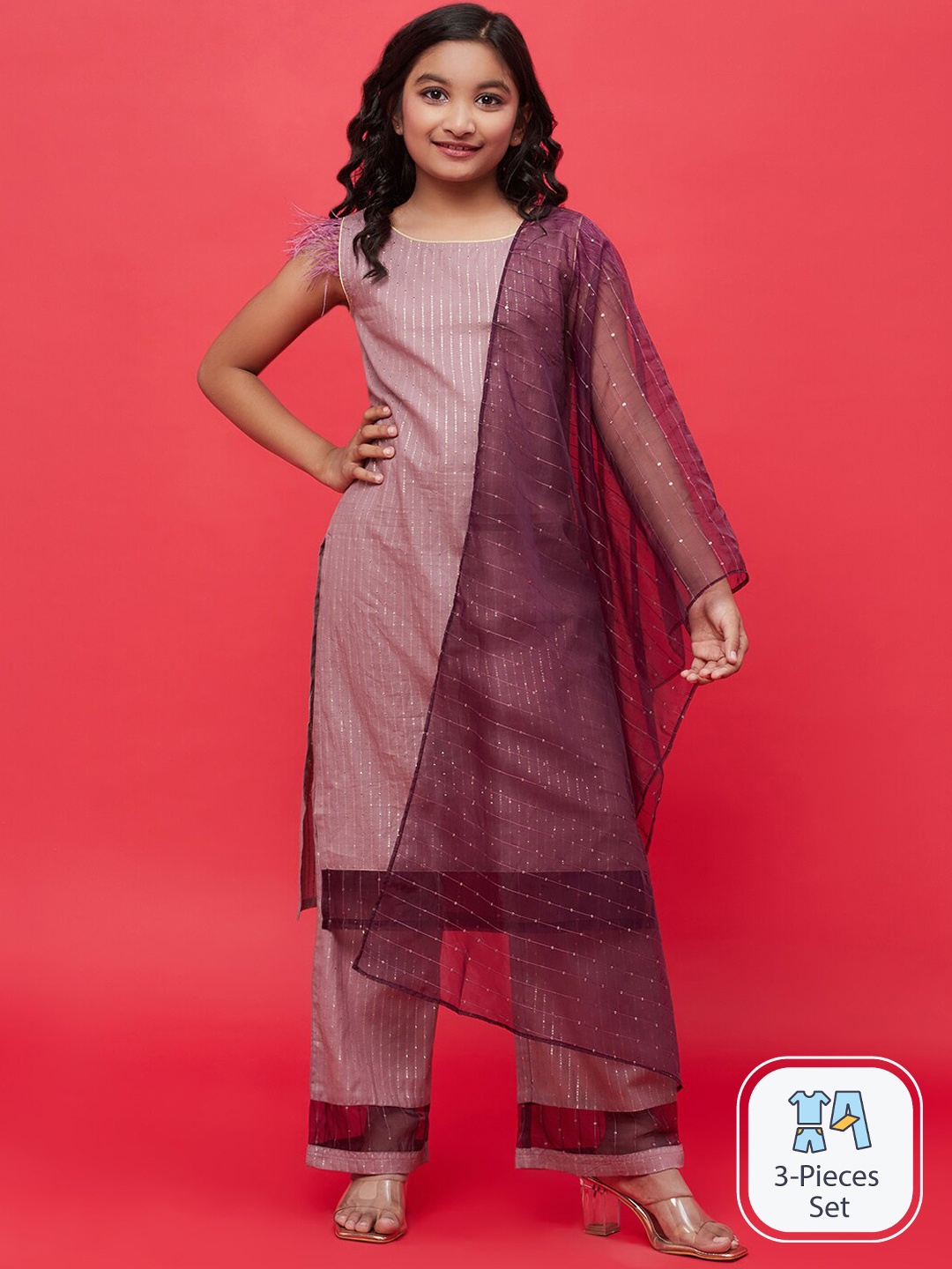 

Aks Kids Girls Woven Design Sequinned Pure Cotton Kurta With Palazzos & Dupatta, Brown