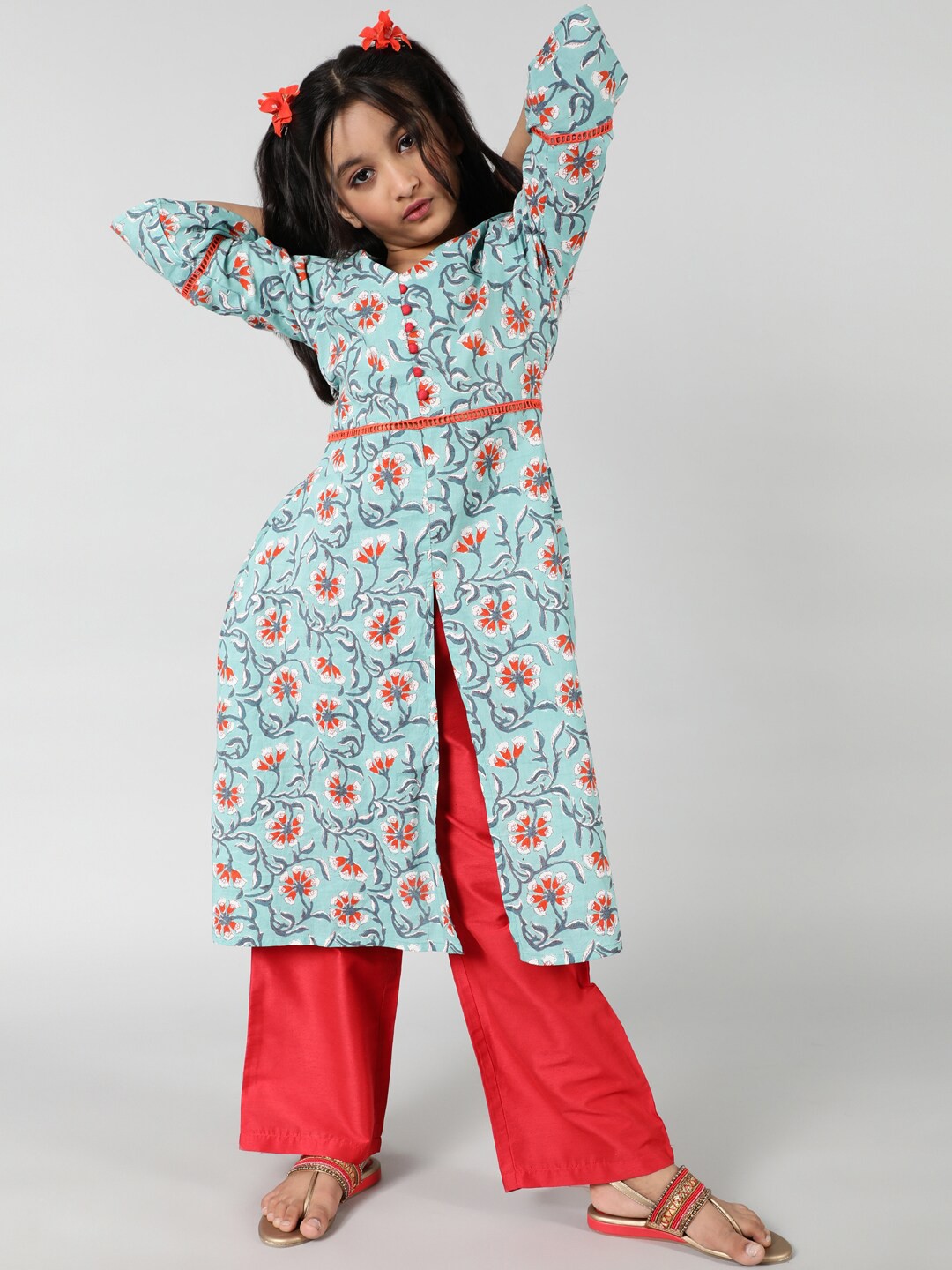 

Aks Kids Girls Floral Printed Pure Cotton Kurta With Palazzos, Green