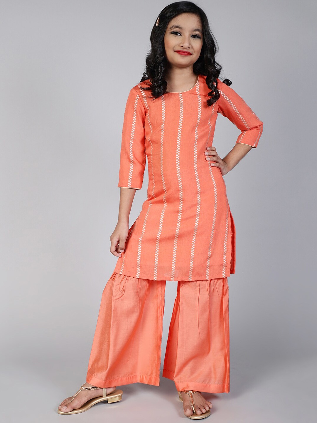 

Aks Kids Girls Regular Pure Silk Kurta With Sharara, Peach