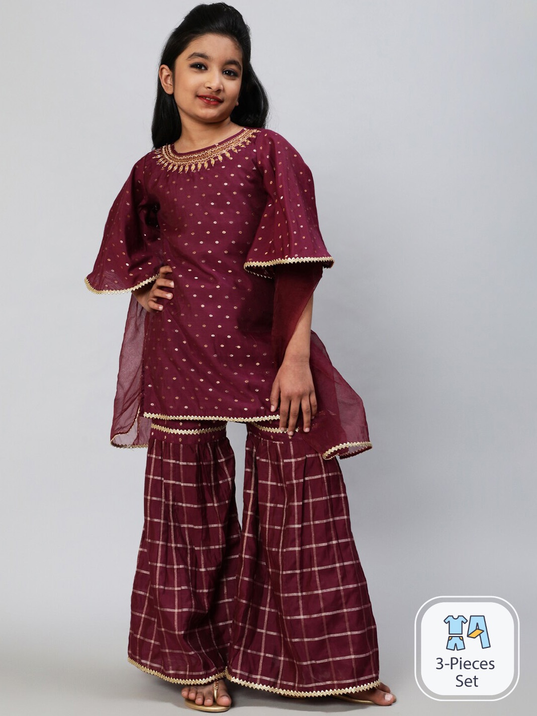 

Aks Kids Girls Ethnic Motifs Thread Work Kurta & Sharara With Dupatta, Burgundy