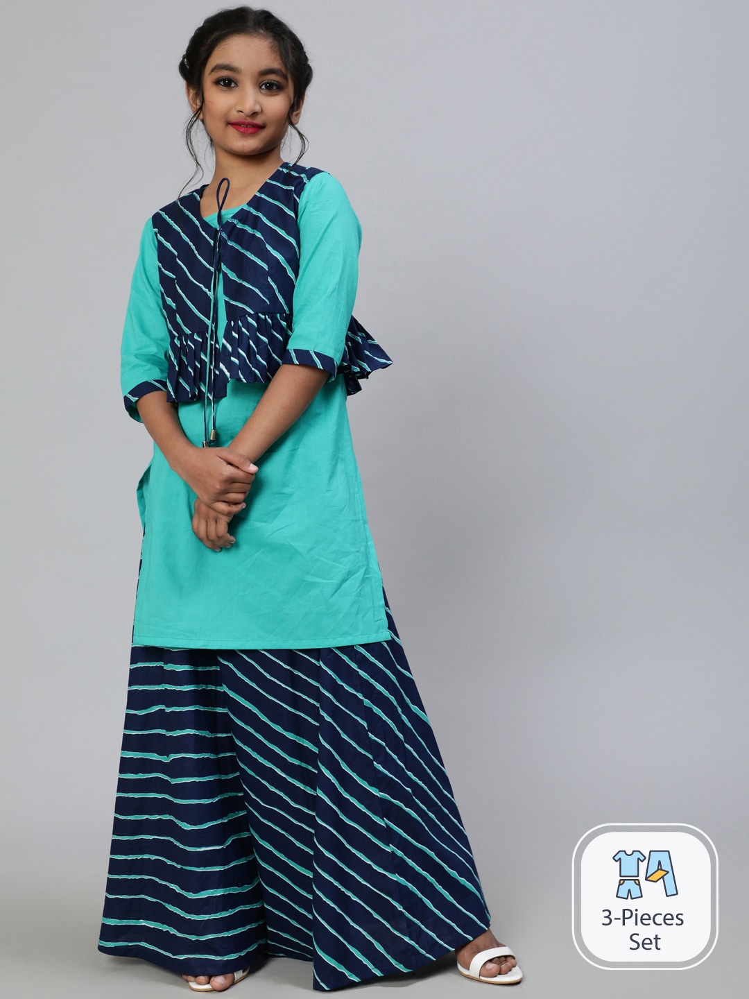 

Aks Kids Girls Pure Cotton Kurta and Skirt With Jacket, Blue