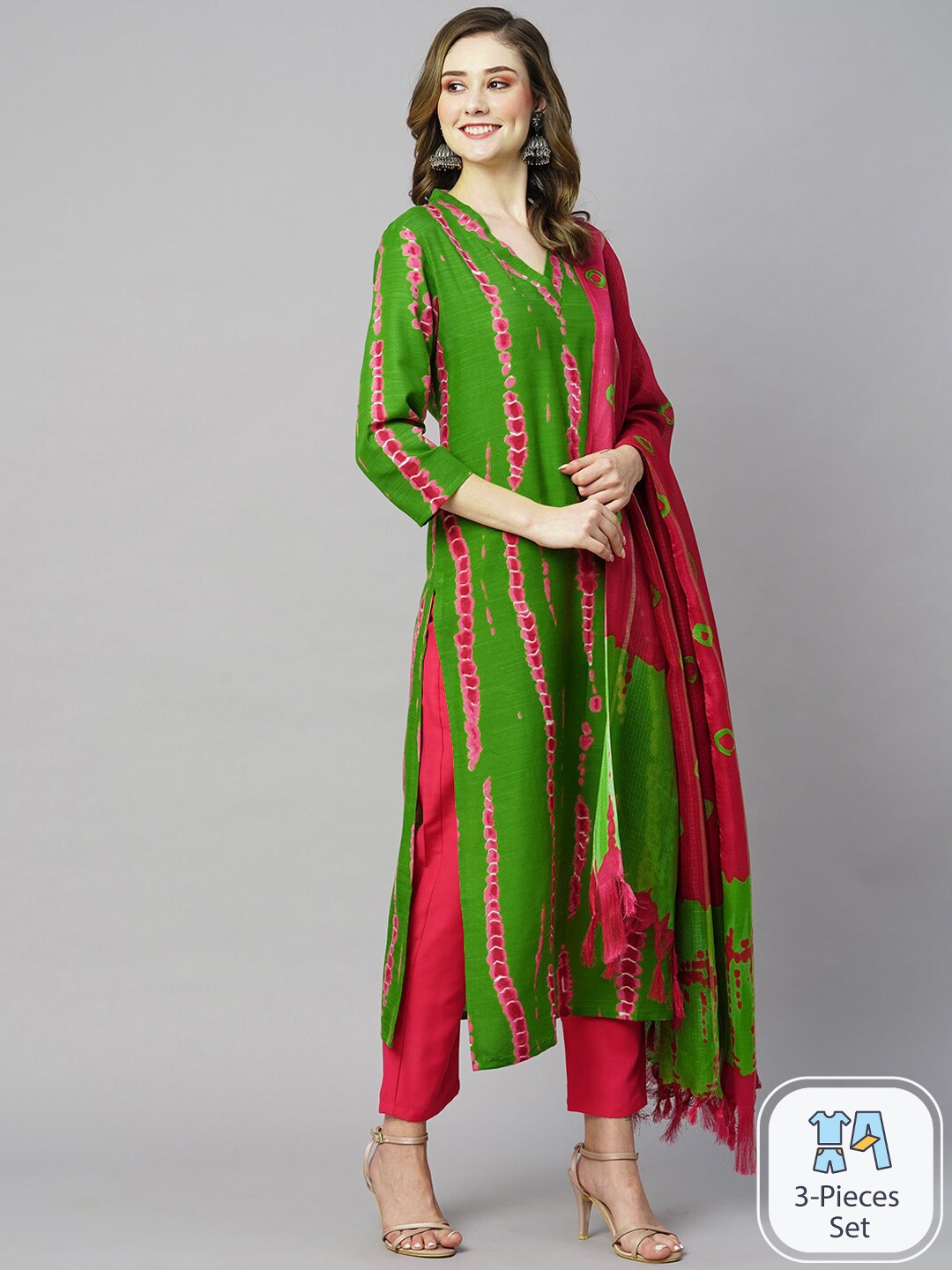 

GoSriKi Abstract Printed Straight Kurta With Trousers & Dupatta, Green