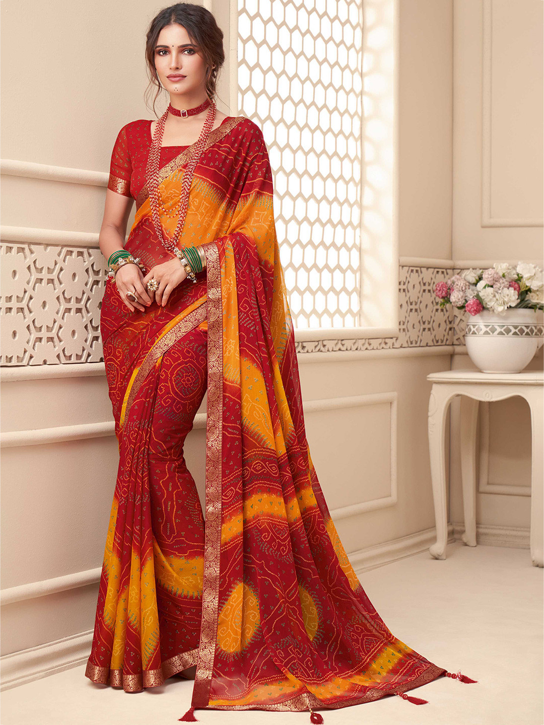 

Mitera Bandhani Printed Zari Bandhani Saree, Red