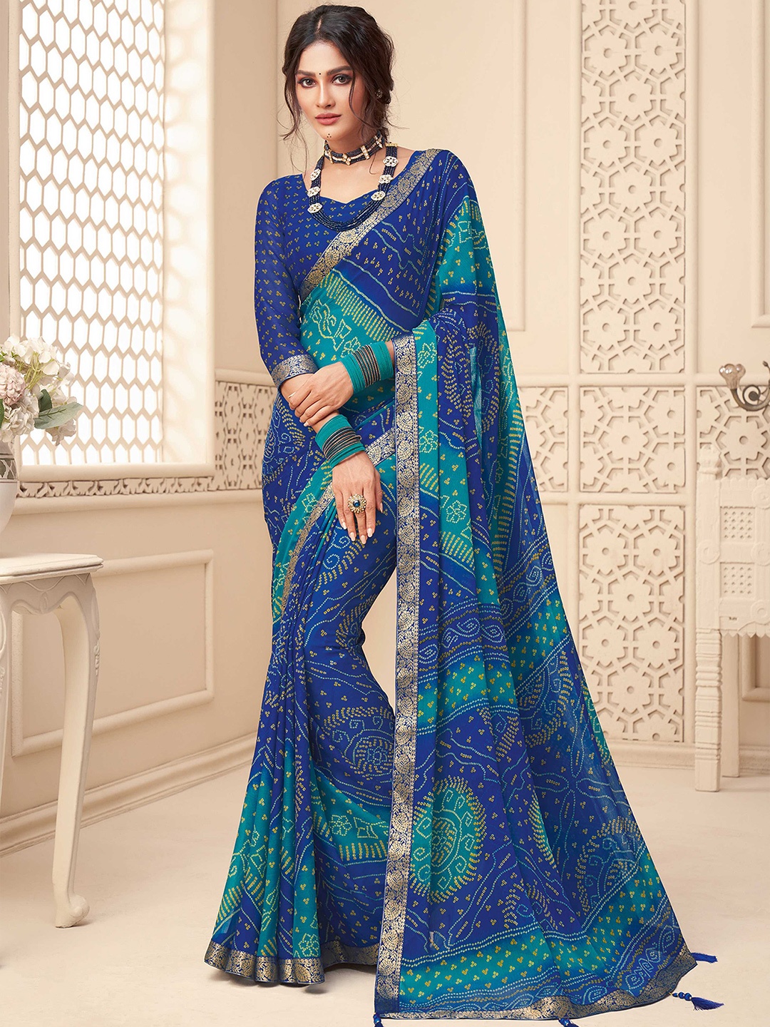 

Mitera Printed Zari Poly Chiffon Bandhani Saree, Blue