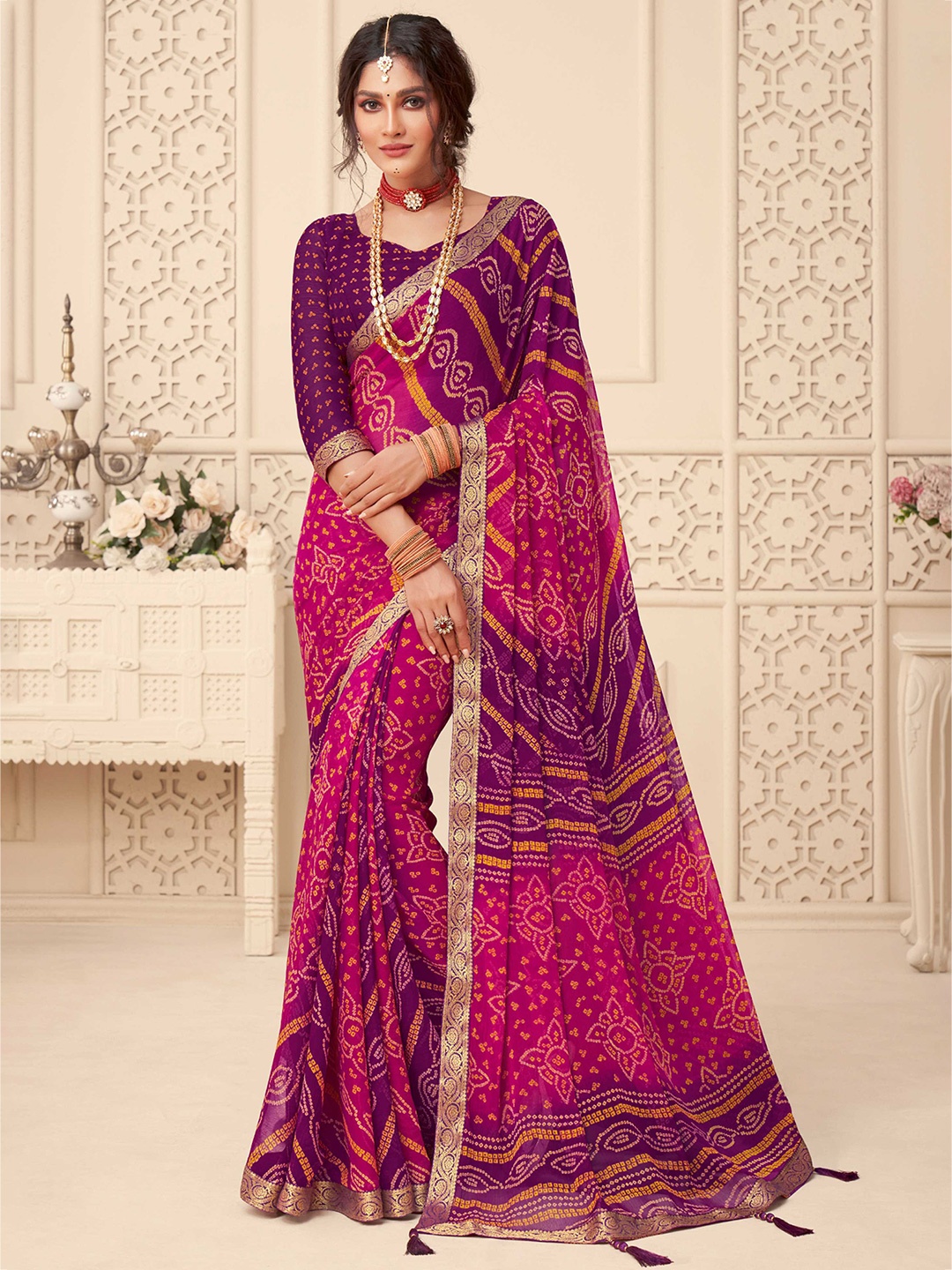 

Mitera Bandhani Printed Zari Bandhani Saree, Pink