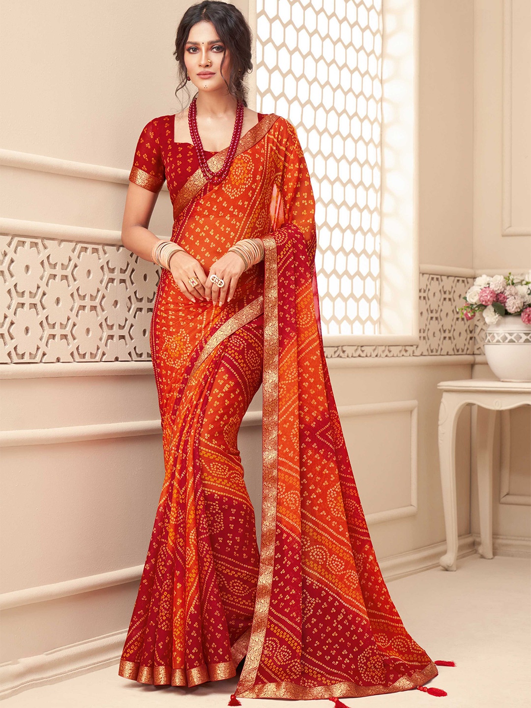 

Mitera Orange & Red Bandhani Printed Zari Bandhani Saree