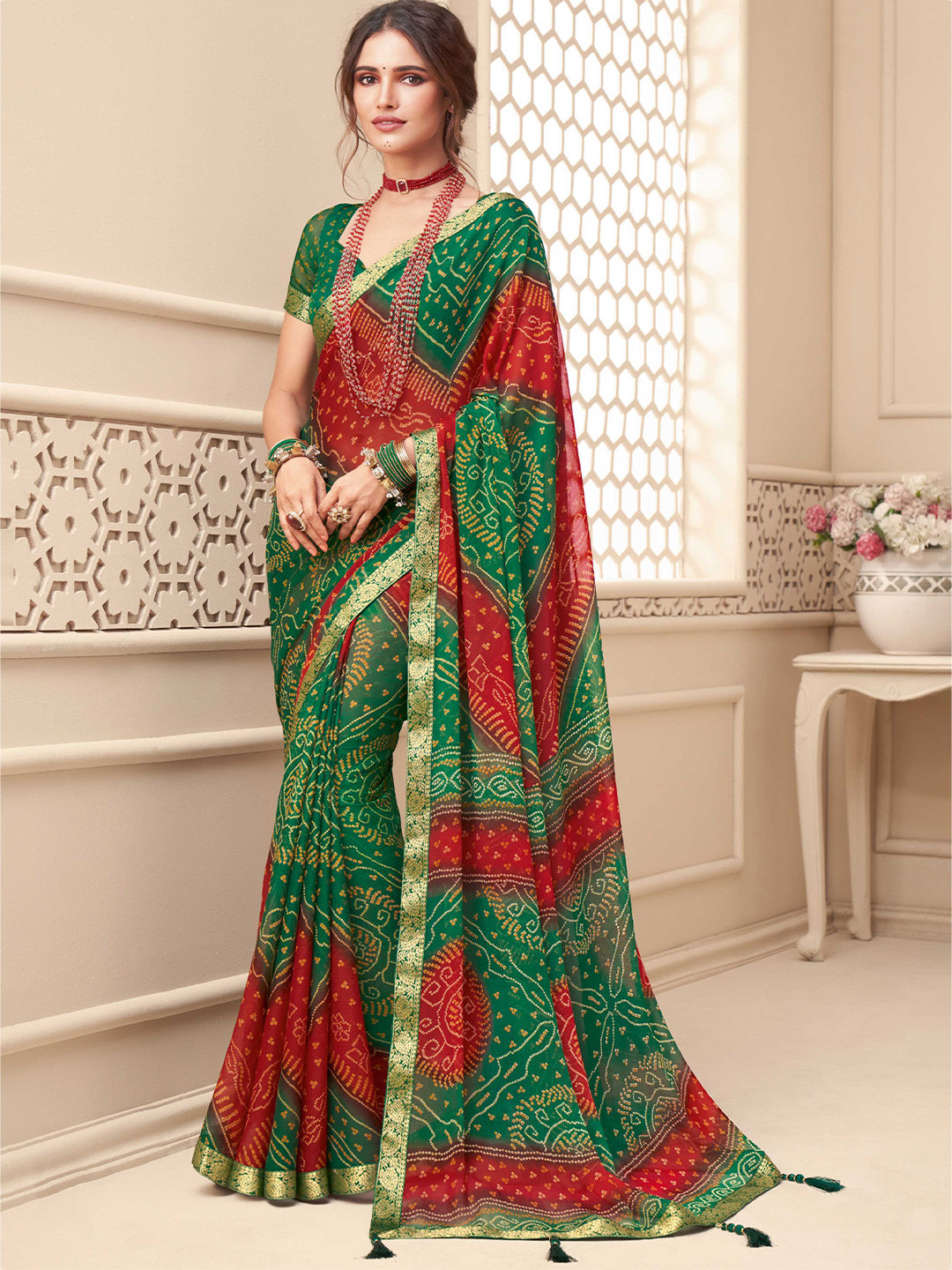 

Mitera Green & Red Bandhani Printed Zari Bandhani Saree