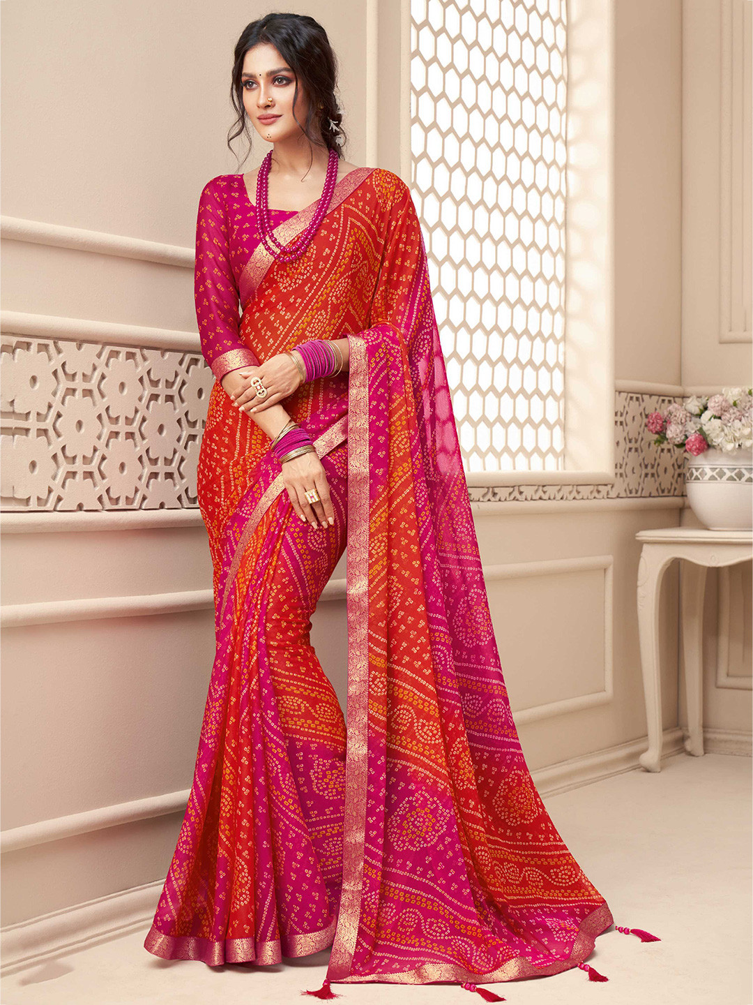 

Mitera Pink & Orange Bandhani Printed Zari Bandhani Saree
