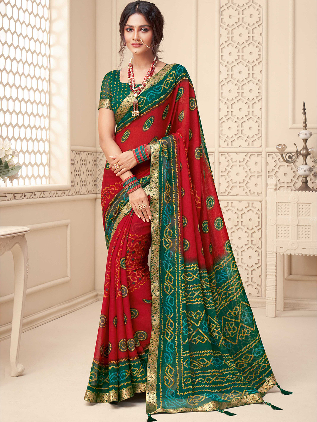 

Mitera Red & Green Bandhani Printed Zari Bandhani Saree