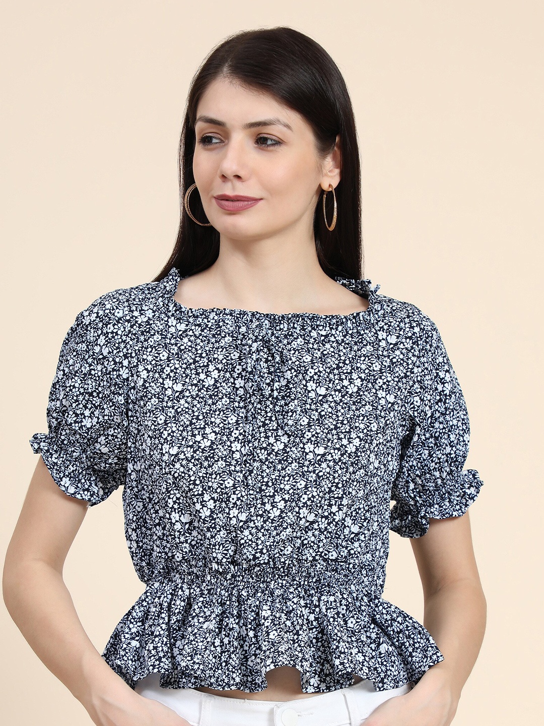 

BAESD Floral Printed Puffed Sleeves Cinched Waist Crop Top, Navy blue