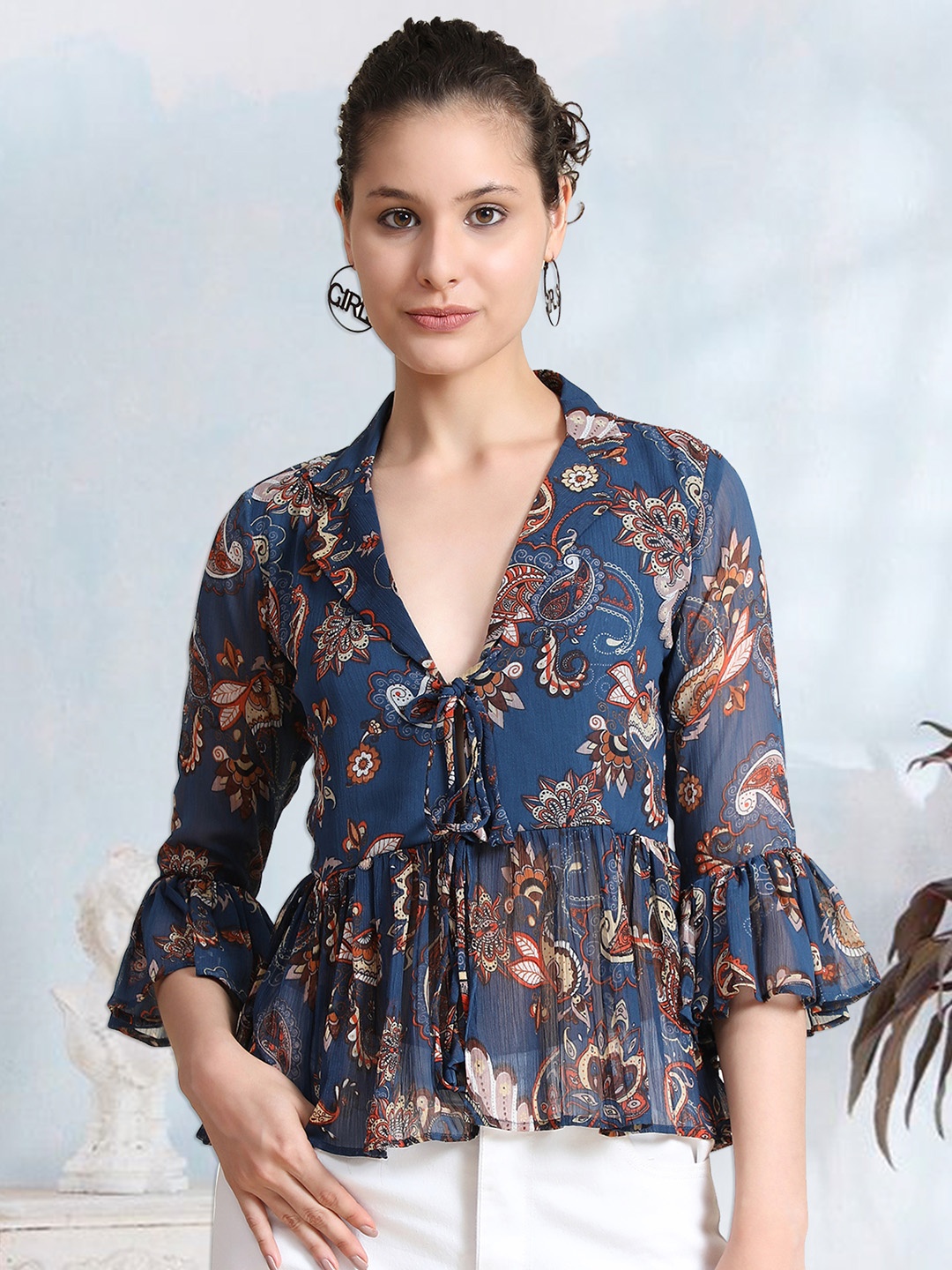 

BAESD Paisley Printed Lapel Collar Bell Sleeves Georgette Cinched Waist Top, Navy blue