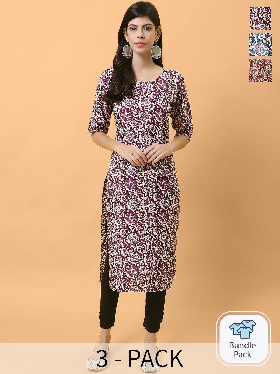 

Ethnic basket Selection Of 3 Abstract Printed Round Neck Straight Kurtas, Multi
