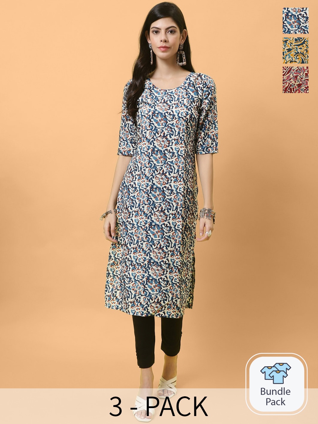 

Ethnic basket Selection Of 3 Ethnic Motifs Printed Kurta, Blue