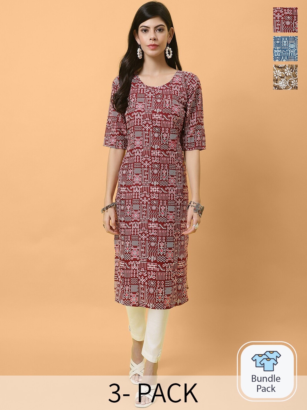 

Ethnic basket Pack of 3 Ethnic Motifs Printed Straight Kurta, Maroon