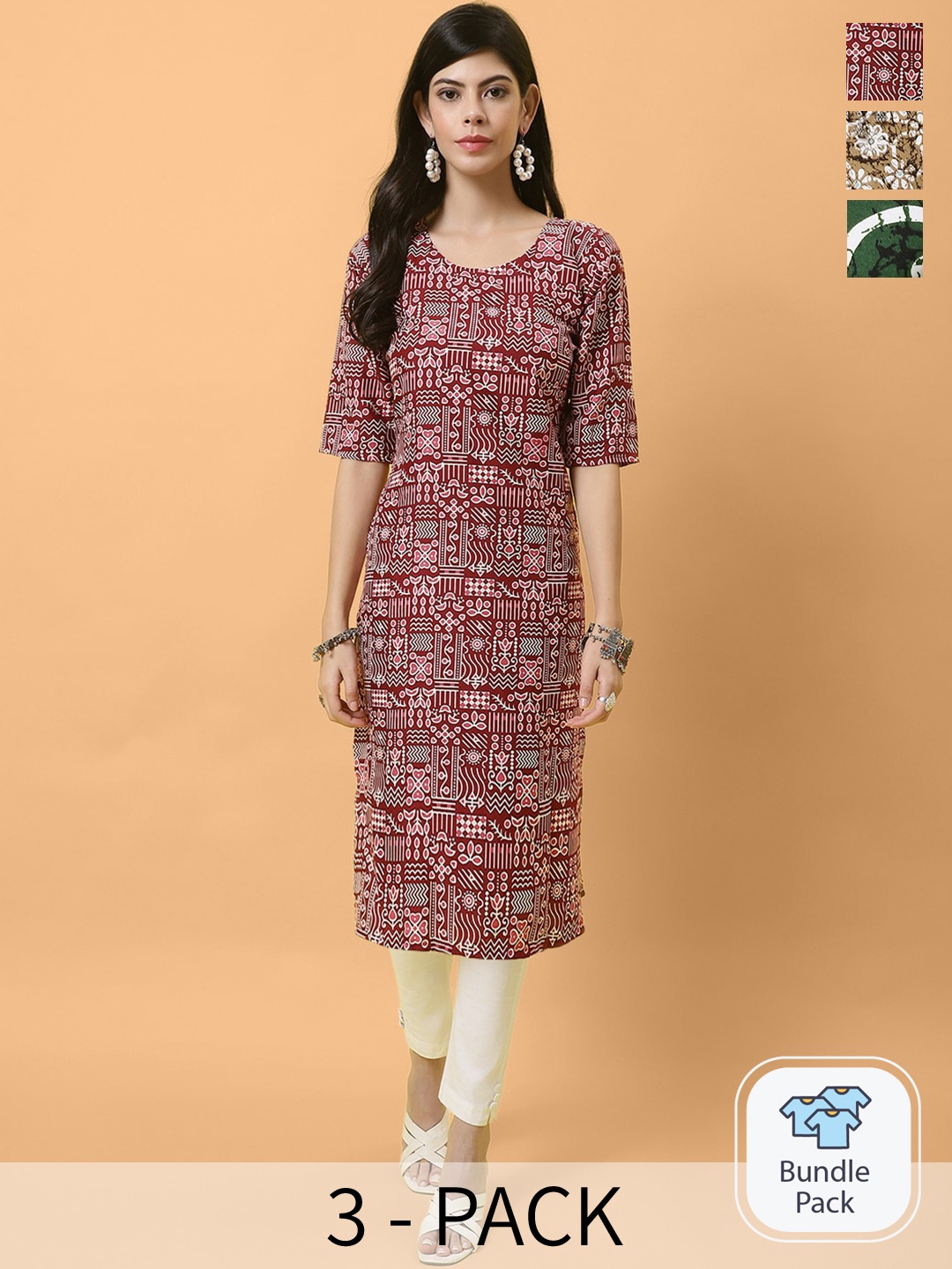 

Ethnic basket Selection Of 3 Floral Printed Round Neck Straight Kurtas, Maroon