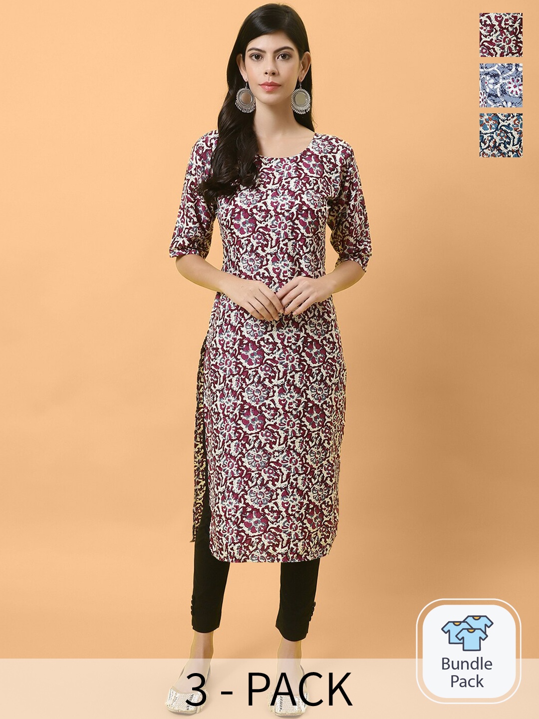 

Ethnic basket Pack of 3 Ethnic Motifs Printed Straight Kurta, Maroon