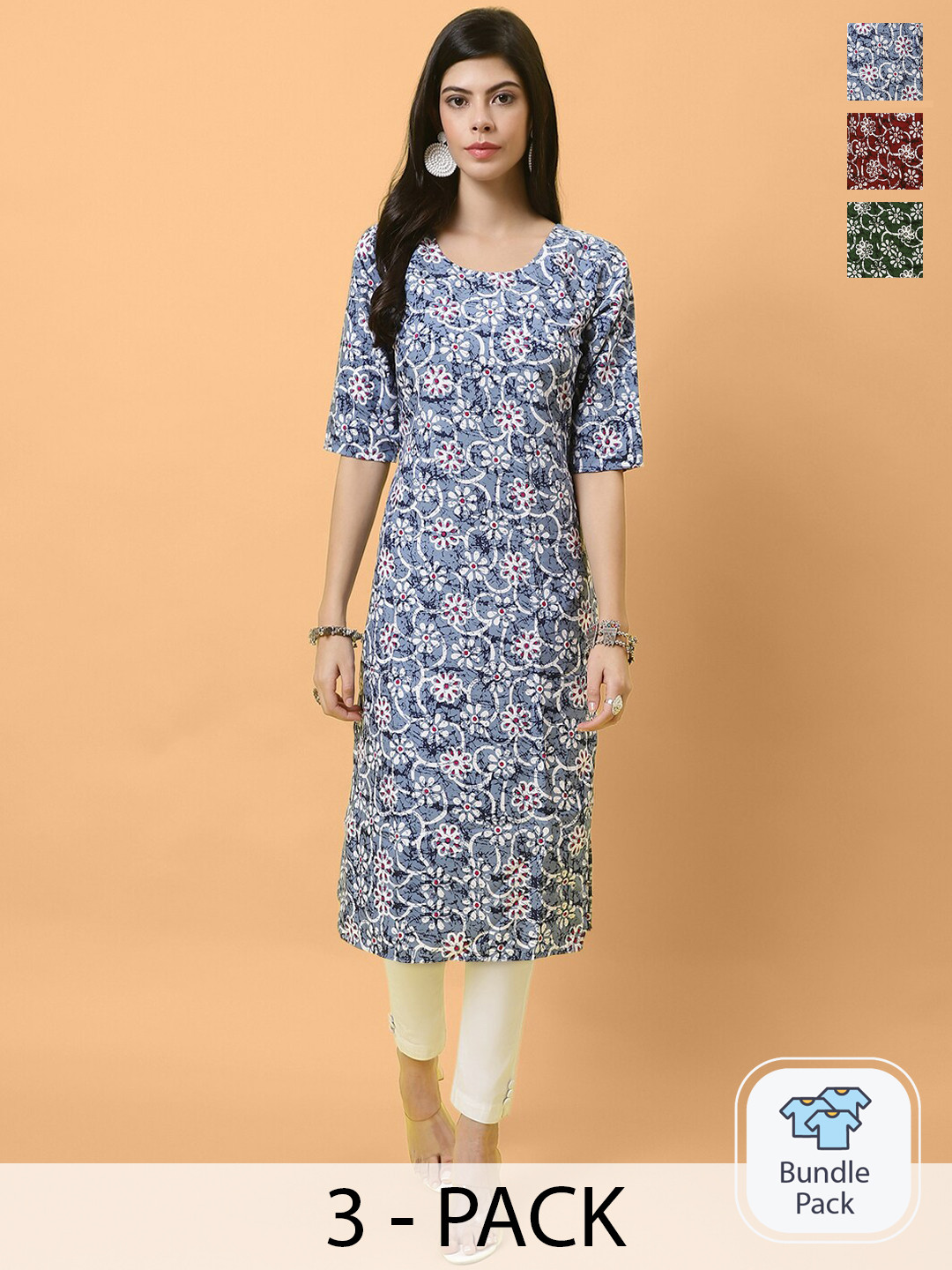 

Ethnic basket Pack Of 3 Floral Printed Straight Crepe Kurta, Blue