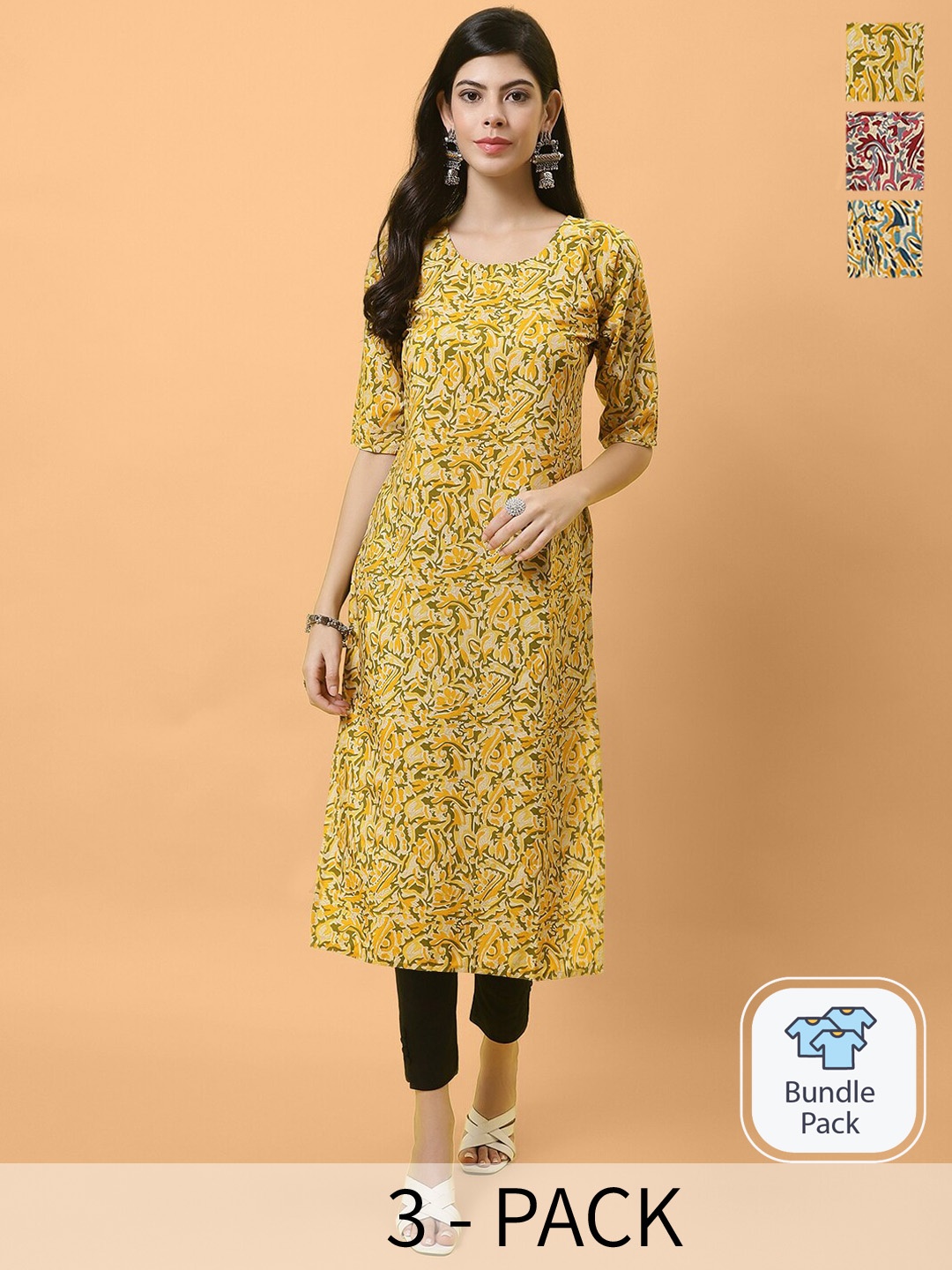 

Ethnic basket Selection Of 3 Floral Printed Crepe Kurta, Yellow