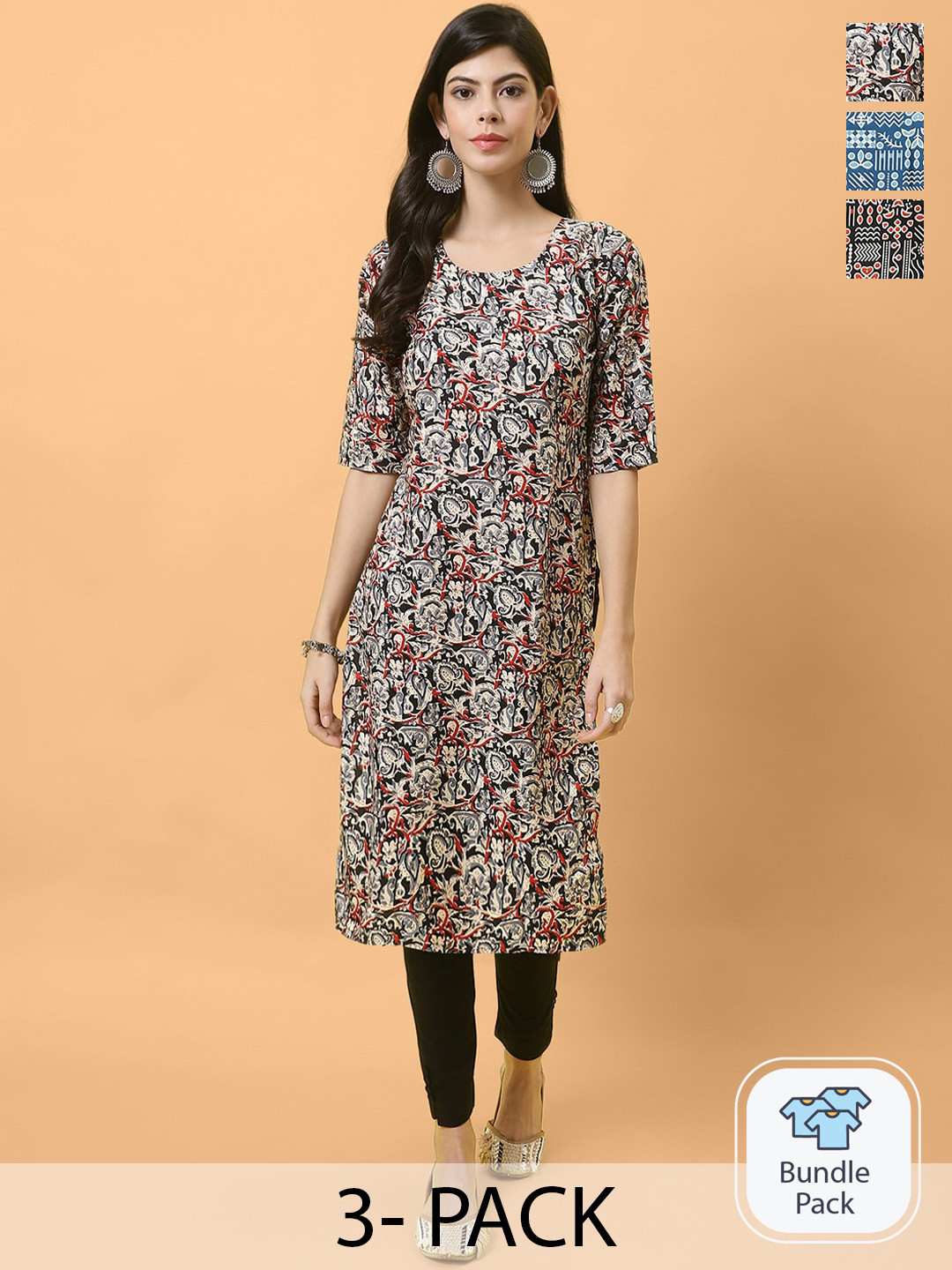

Ethnic basket Women Pack of 3 Ethnic Motifs Printed Crepe Kurta, Beige