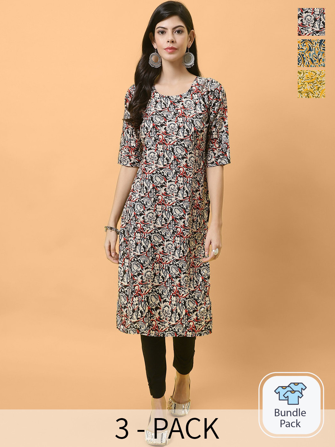 

Ethnic basket Women Pack of 3 Ethnic Motifs Printed Crepe Kurta, Beige