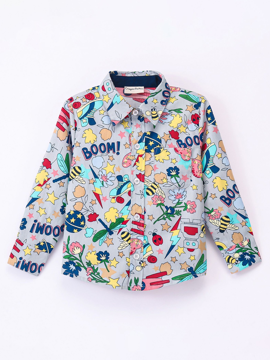 

CrayonFlakes Boys Conversational Printed Cotton Casual Shirt, Grey