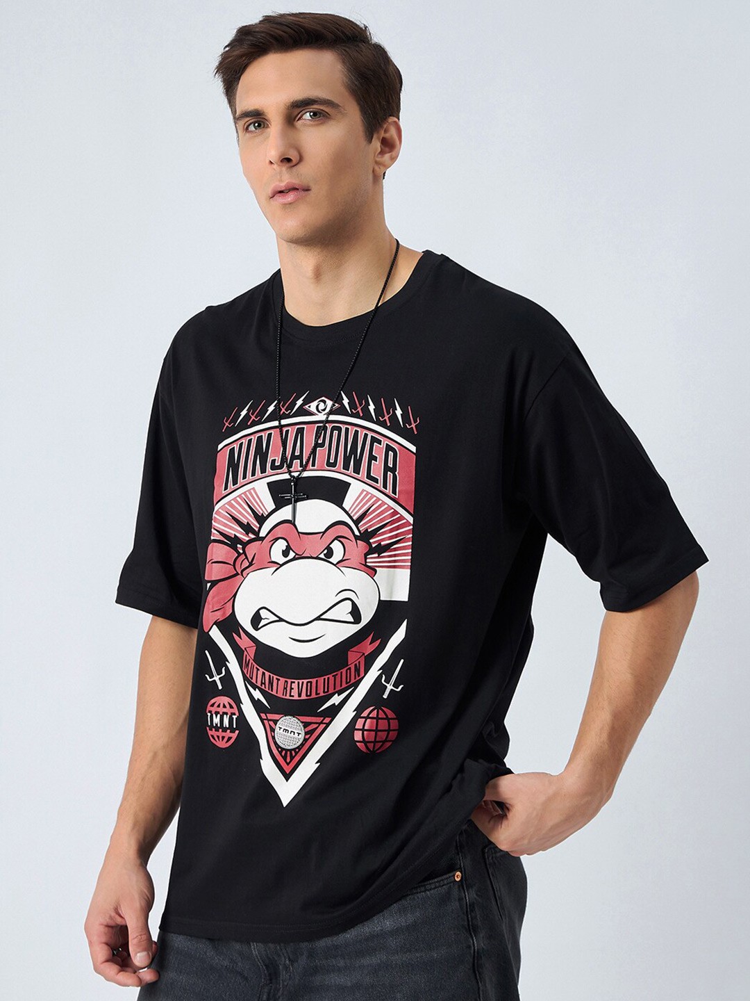 

COLOR CAPITAL Ninja Power Printed Oversized Pure Cotton T-shirt, Black