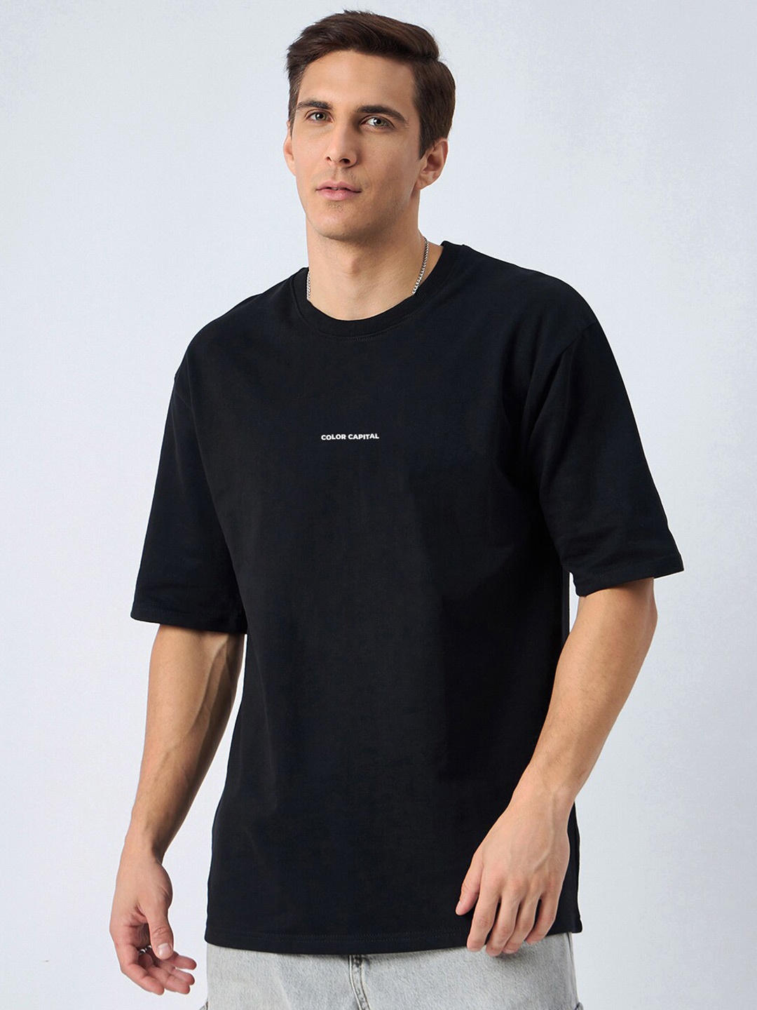 

COLOR CAPITAL Round Neck Oversized Pure Cotton T-shirt, Black