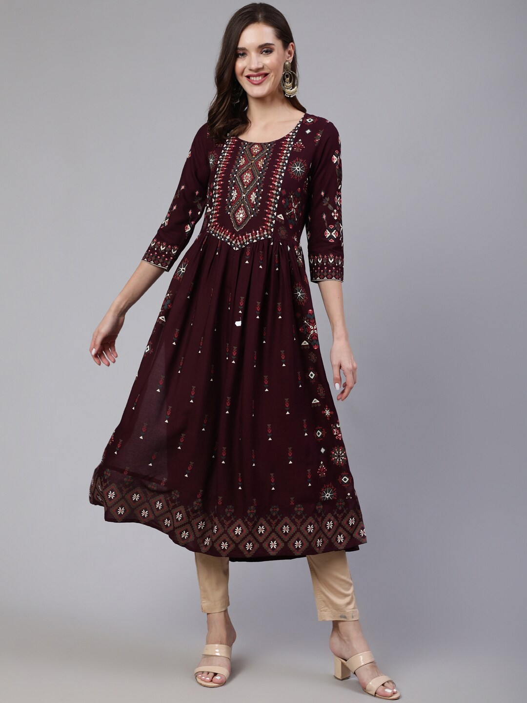

SAABHI Ethnic Motifs Printed Sequined Pleated A-Line Kurta, Purple