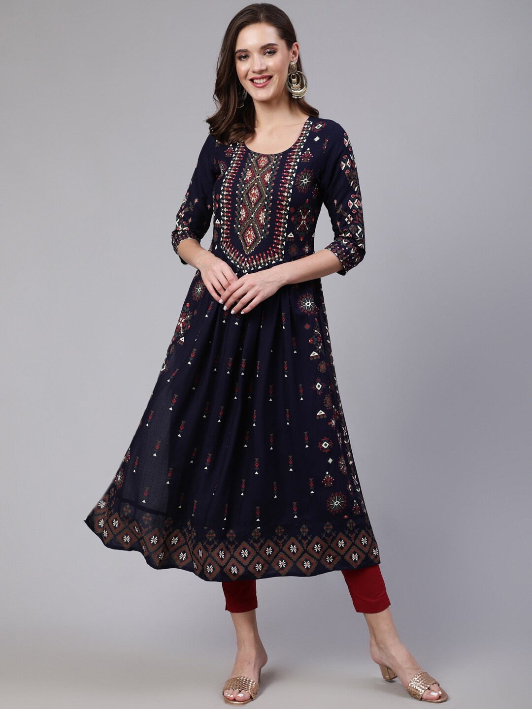 

SAABHI Ethnic Motifs Printed Sequined Pleated Indigo A-Line Kurta, Navy blue