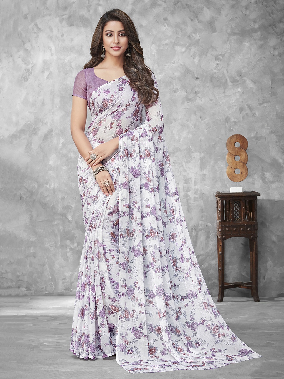 

Mitera White & Lavender Floral Printed Saree