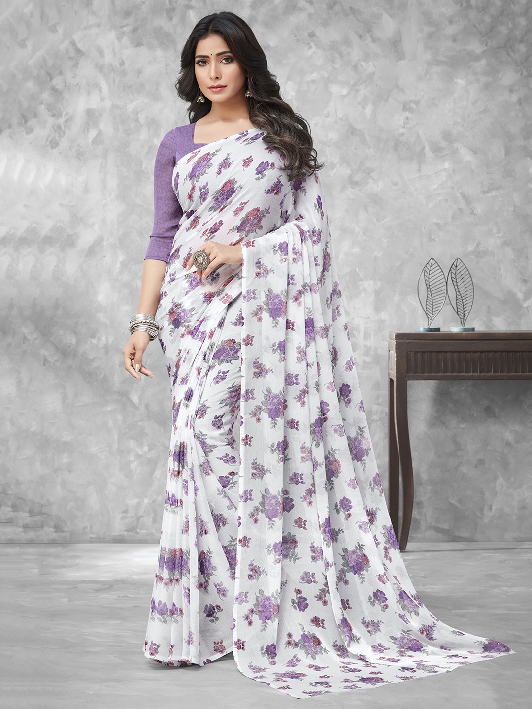 

Mitera White & Lavender Floral Printed Saree