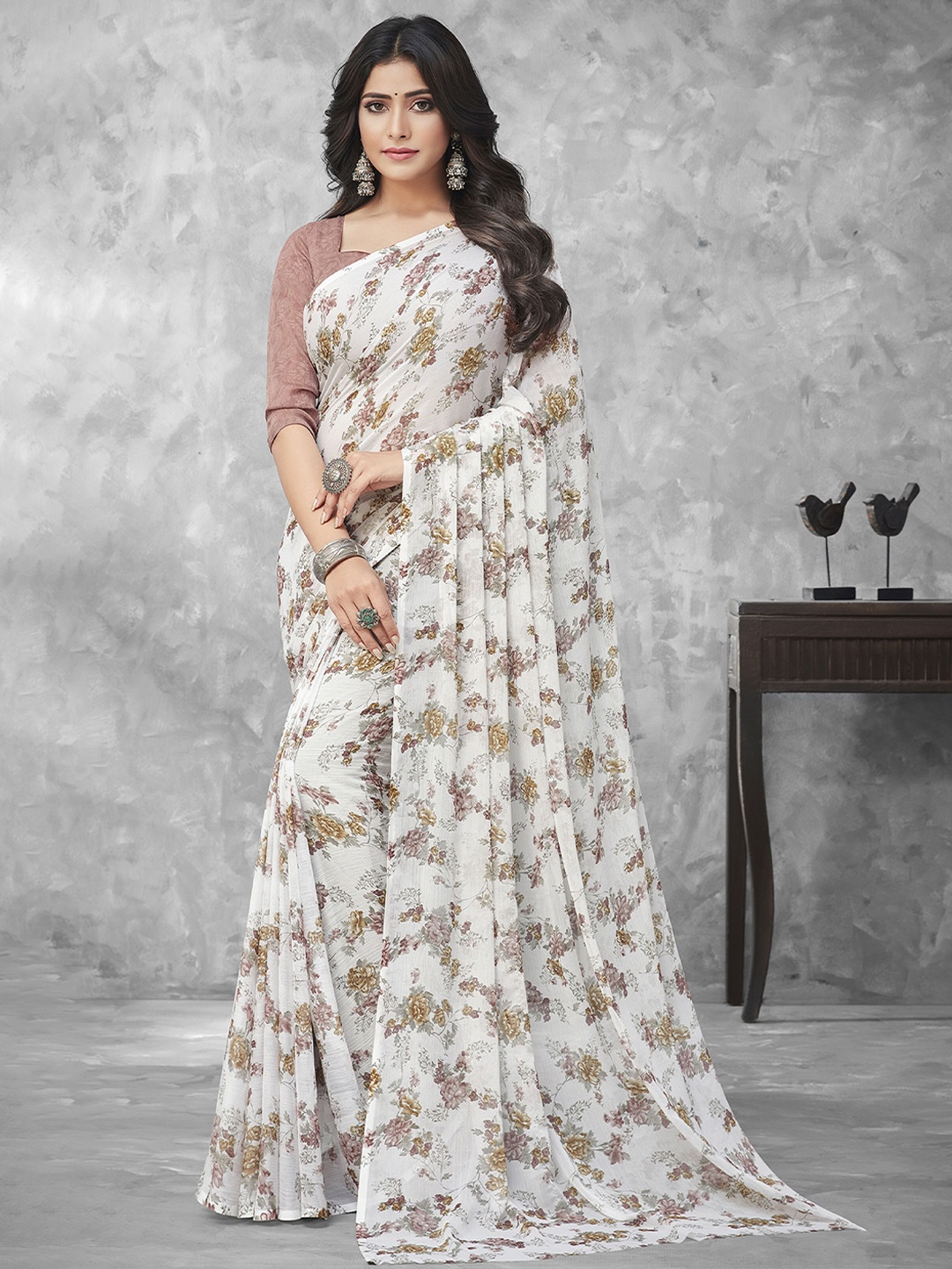 

Mitera White & Brown Floral Printed Saree