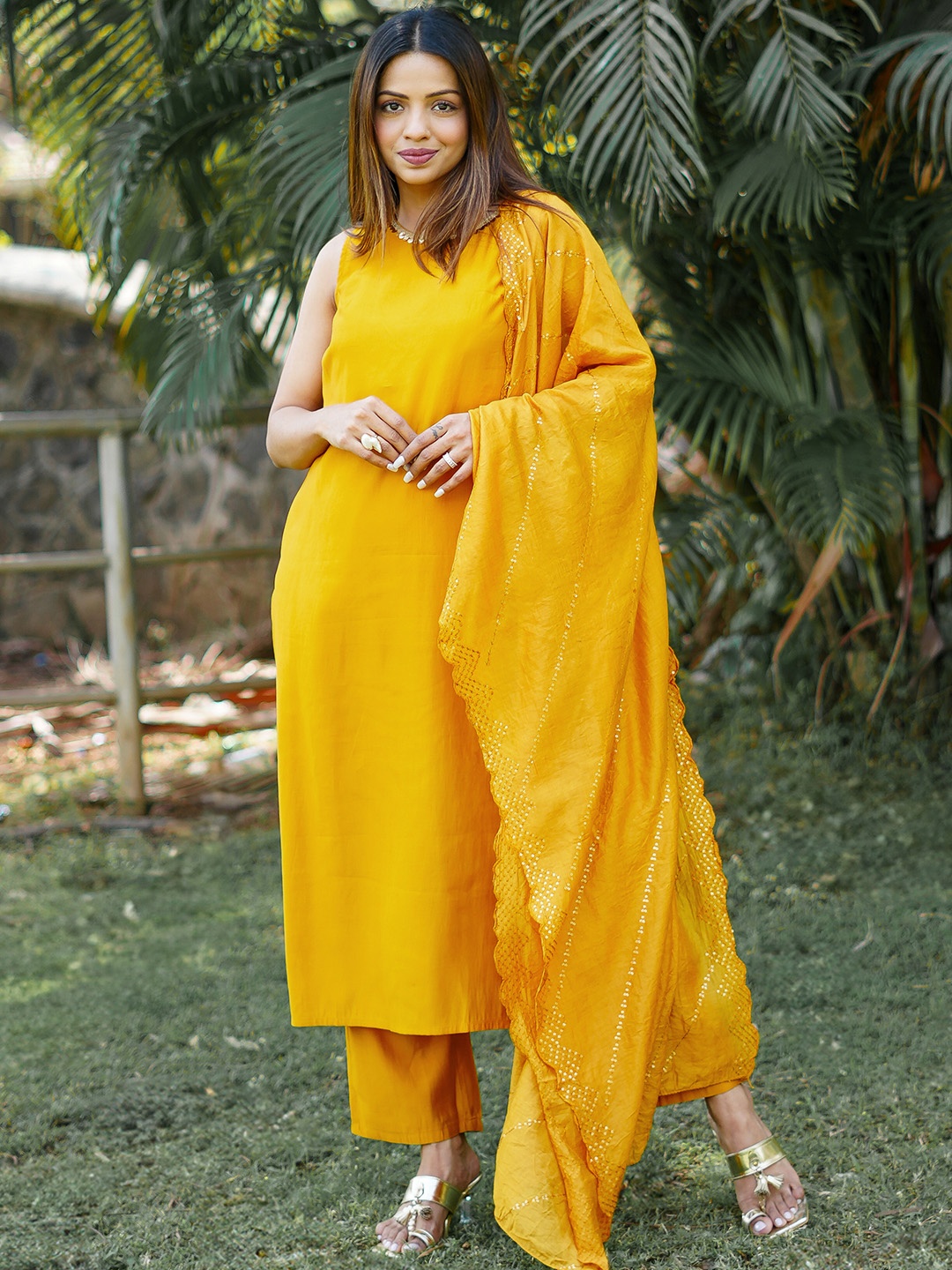 

Libas Regular Sequinned Kurta with Trousers Dupatta, Mustard