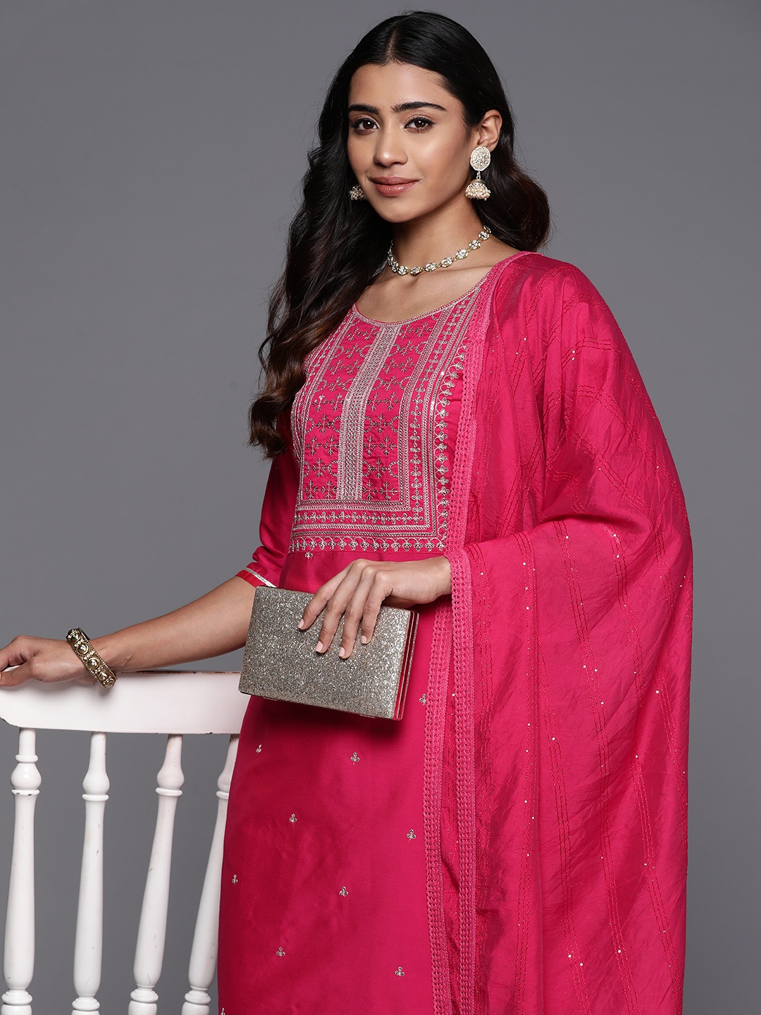 

Libas Ethnic Motifs Embroidered Regular Sequinned Kurta with Trousers Dupatta, Pink