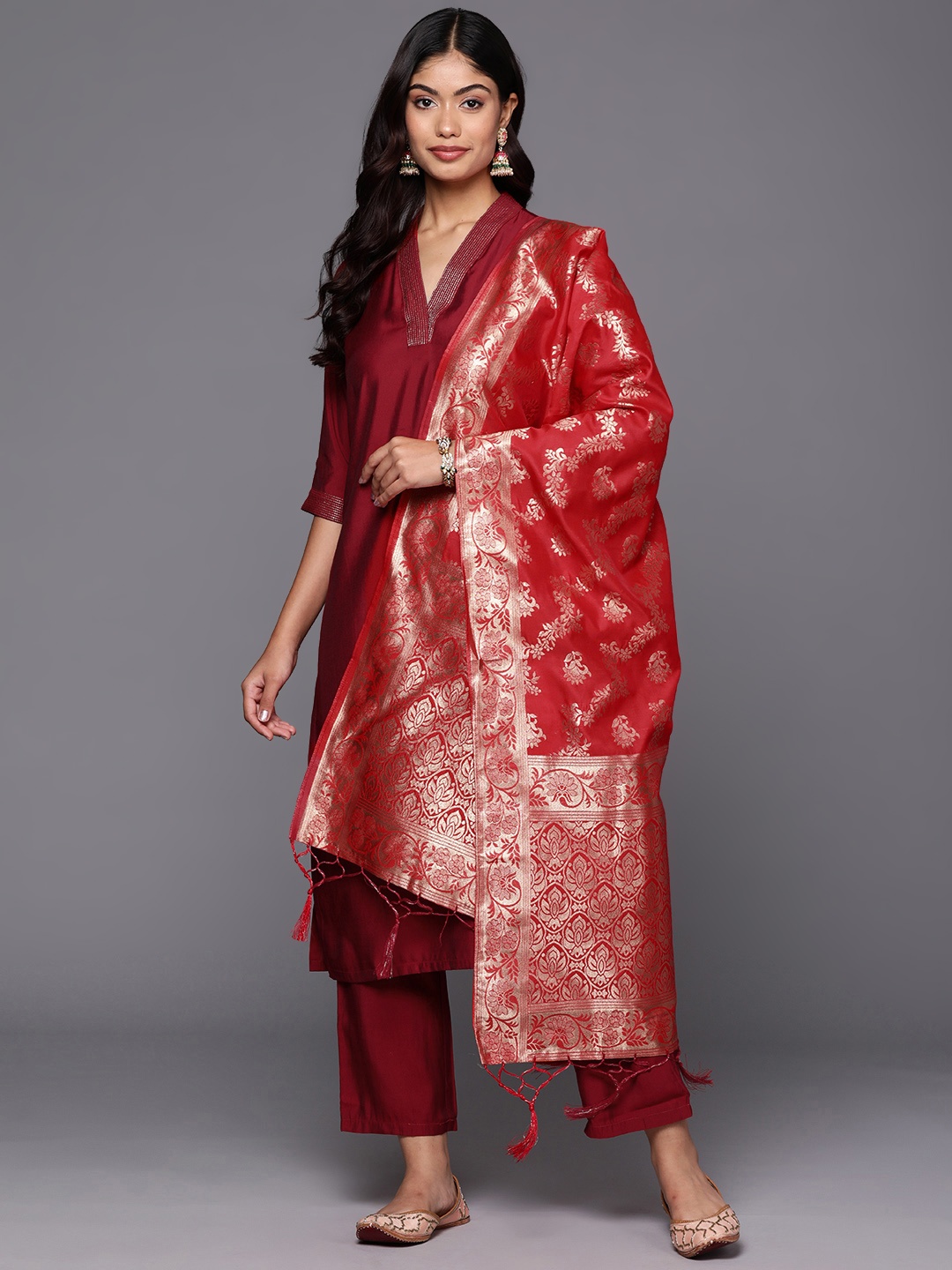 

Libas Women Solid Regular Thread Work Kurta with Trousers With Dupatta, Red
