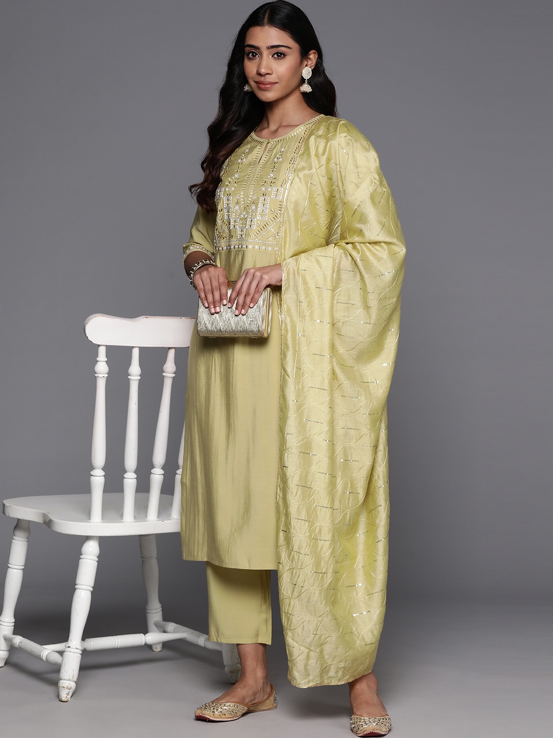 

Libas Women Floral Yoke Design Regular Kurta with Trousers With Dupatta, Lime green