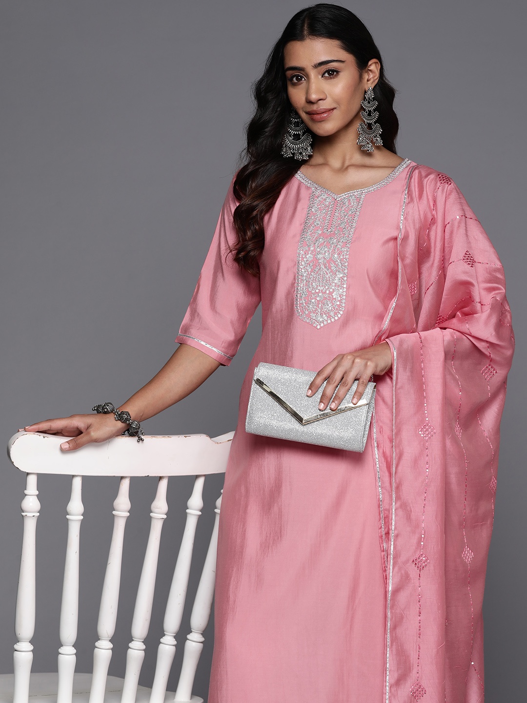 

Libas Women Floral Yoke Design Regular Sequinned Kurta with Trousers Dupatta, Pink