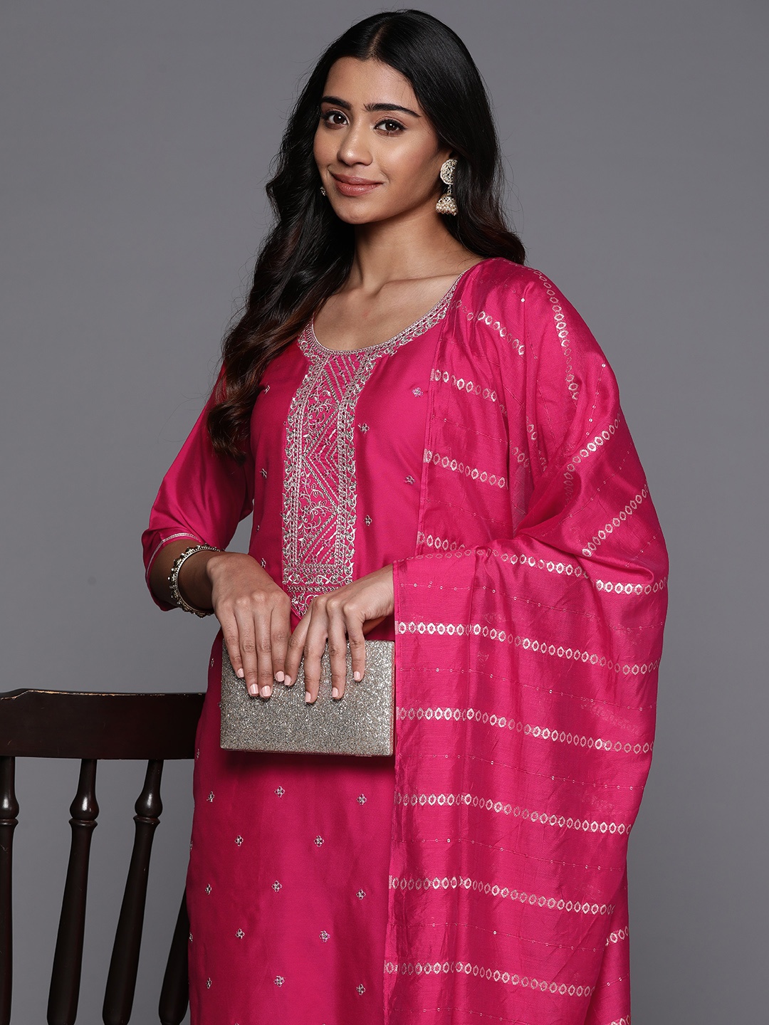 

Libas Women Floral Yoke Design Regular Sequinned Kurta with Trousers Dupatta, Pink