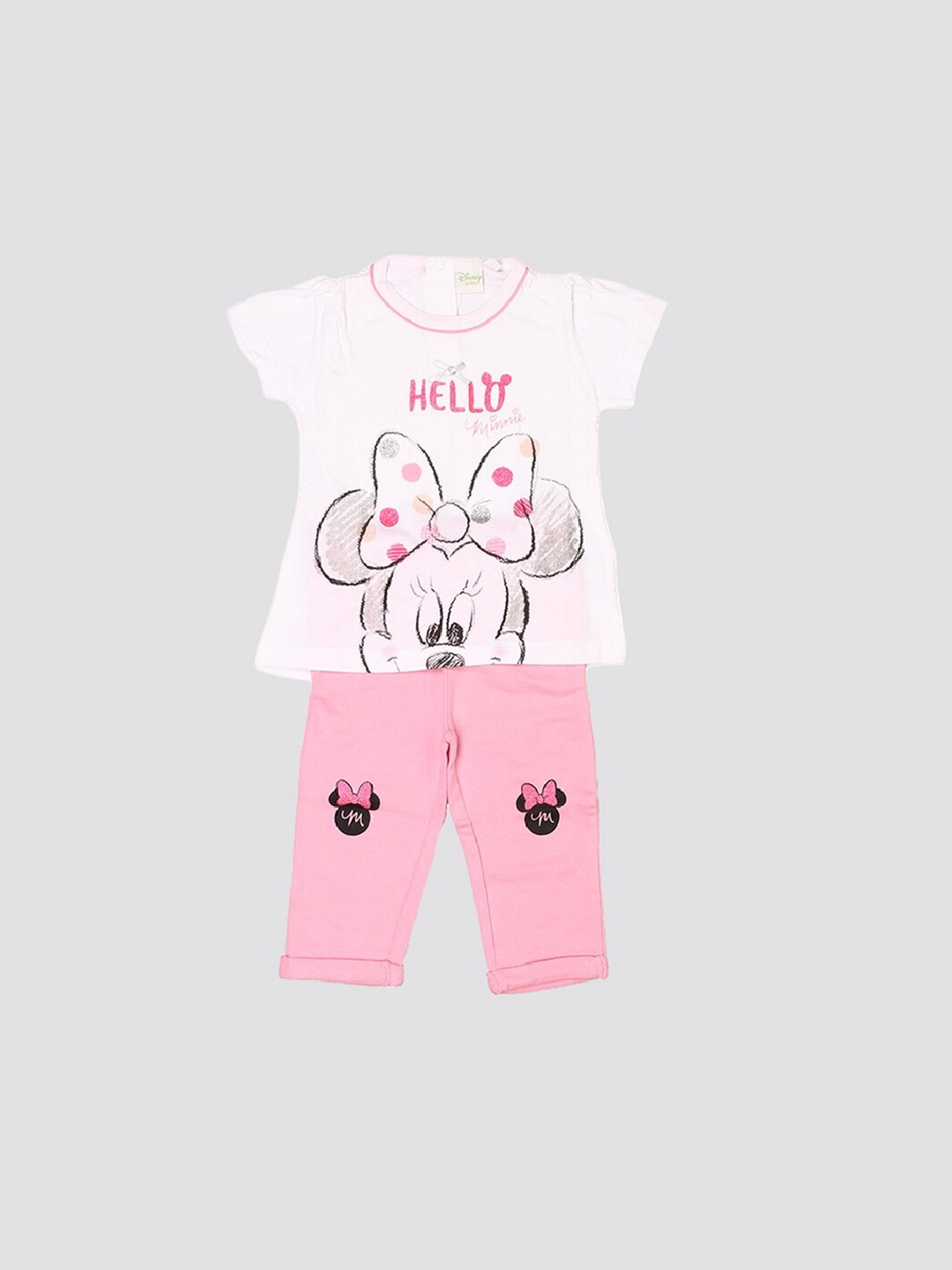 

mothercare Girls Minnie Mouse Printed Pure Cotton T-shirt with Trousers, Pink